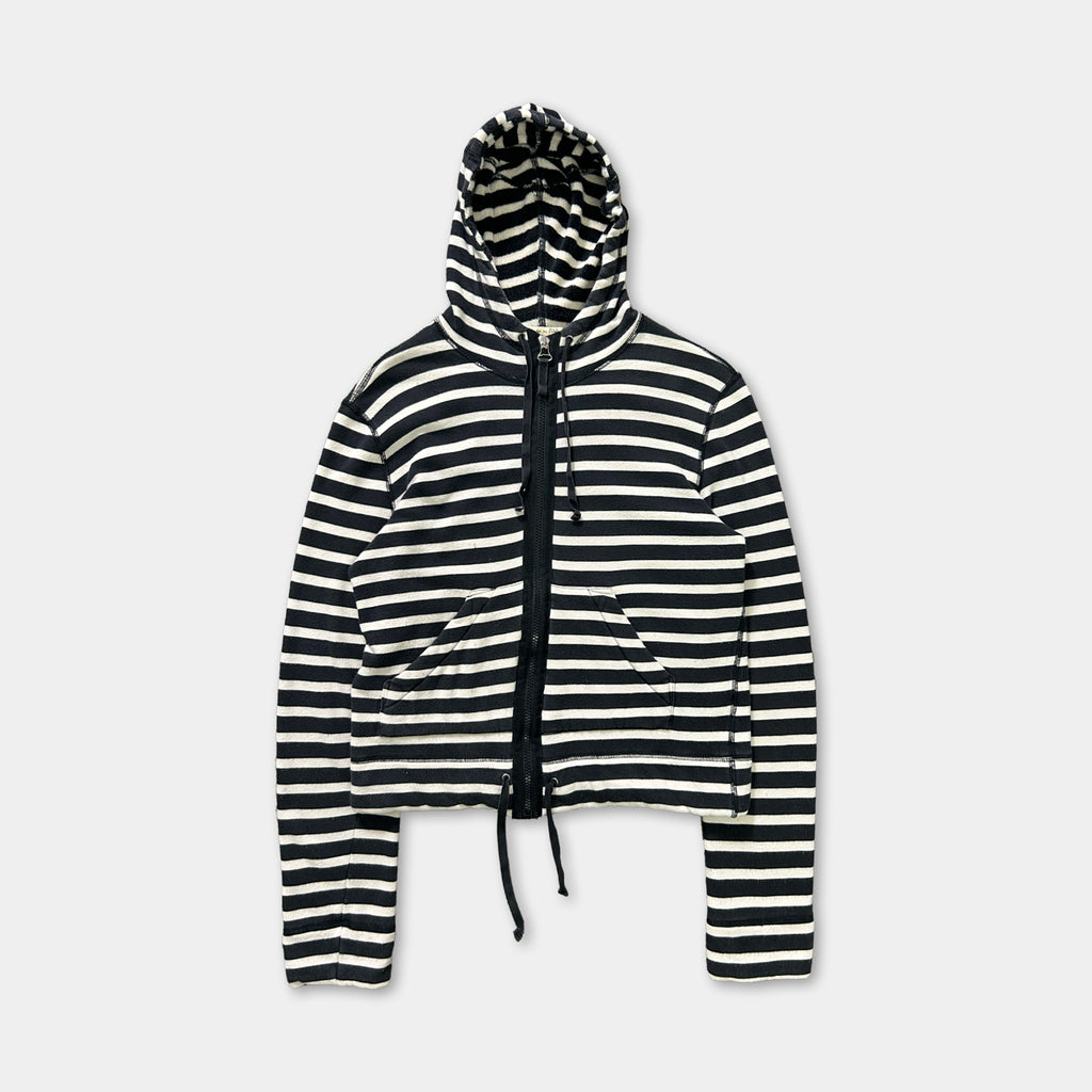 A black and white striped hooded sweatshirt with a drawstring hood.