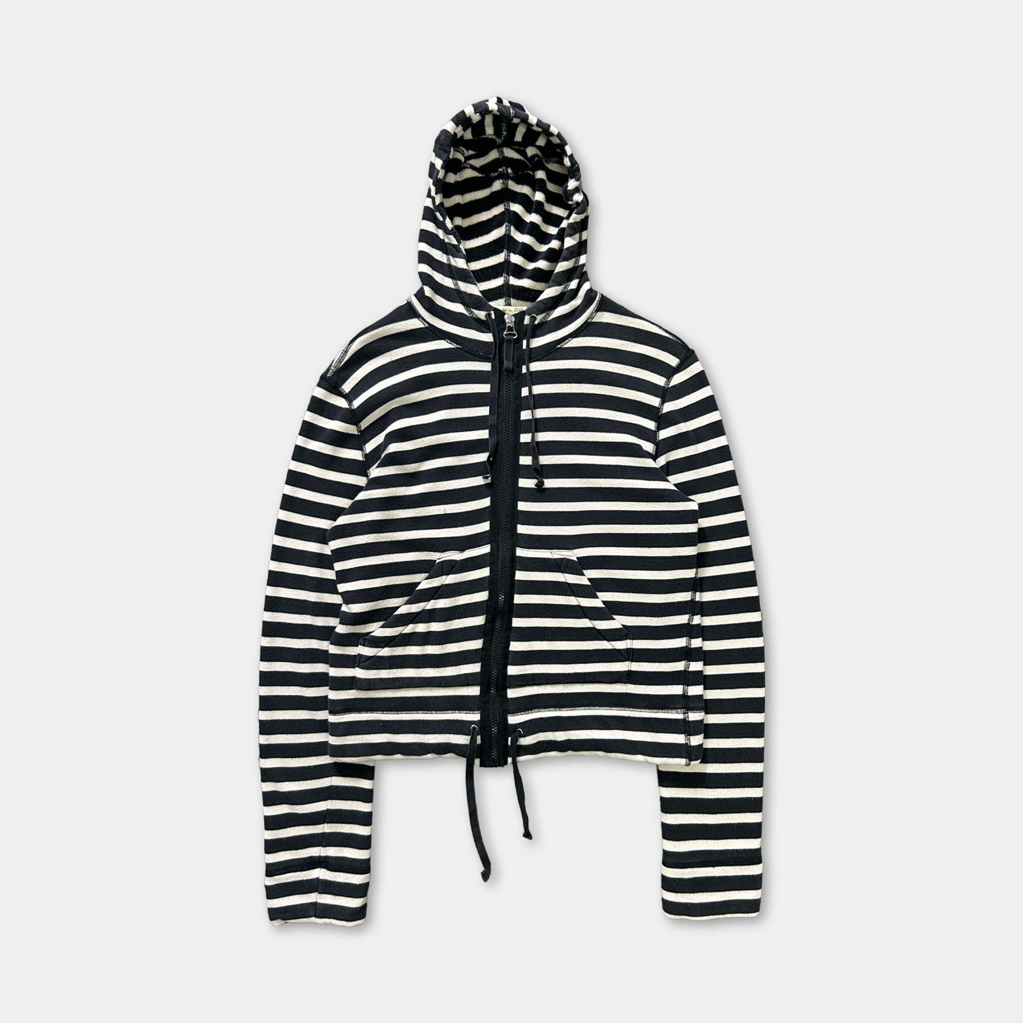 A black and white striped hooded sweatshirt with a drawstring hood.