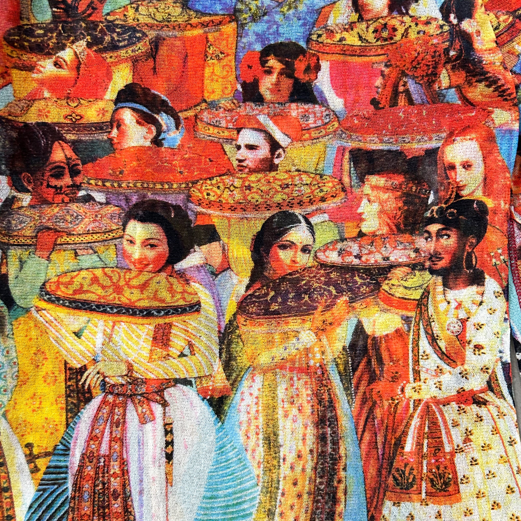 The image is a vibrant collage of various colorful and ornate figures, including people in traditional clothing and intricate patterns.