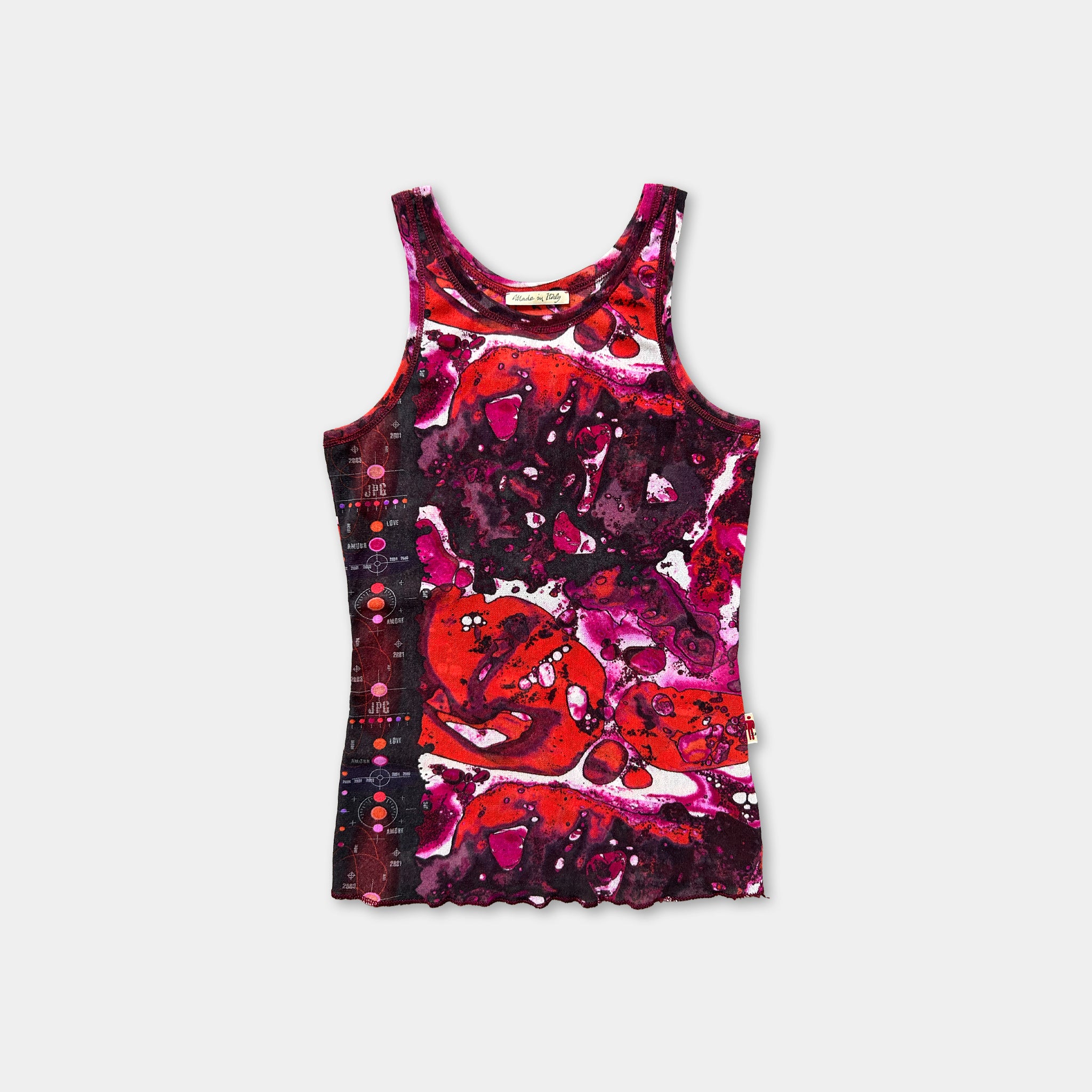 a colorful tank top with a vibrant, abstract pattern in shades of red, purple, and black.