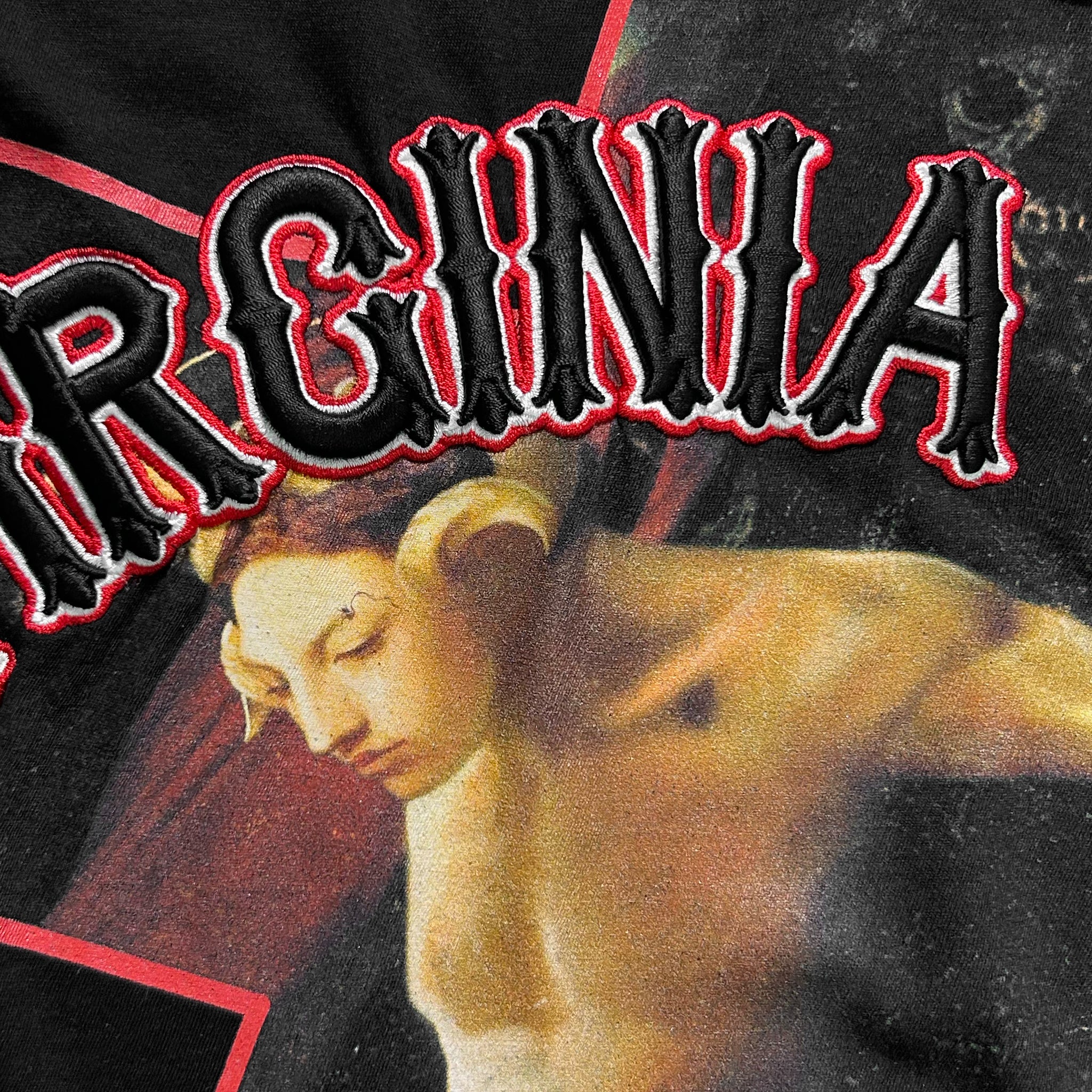 a close-up of a person's face, with the word "VIRGINIA" prominently displayed in the foreground.