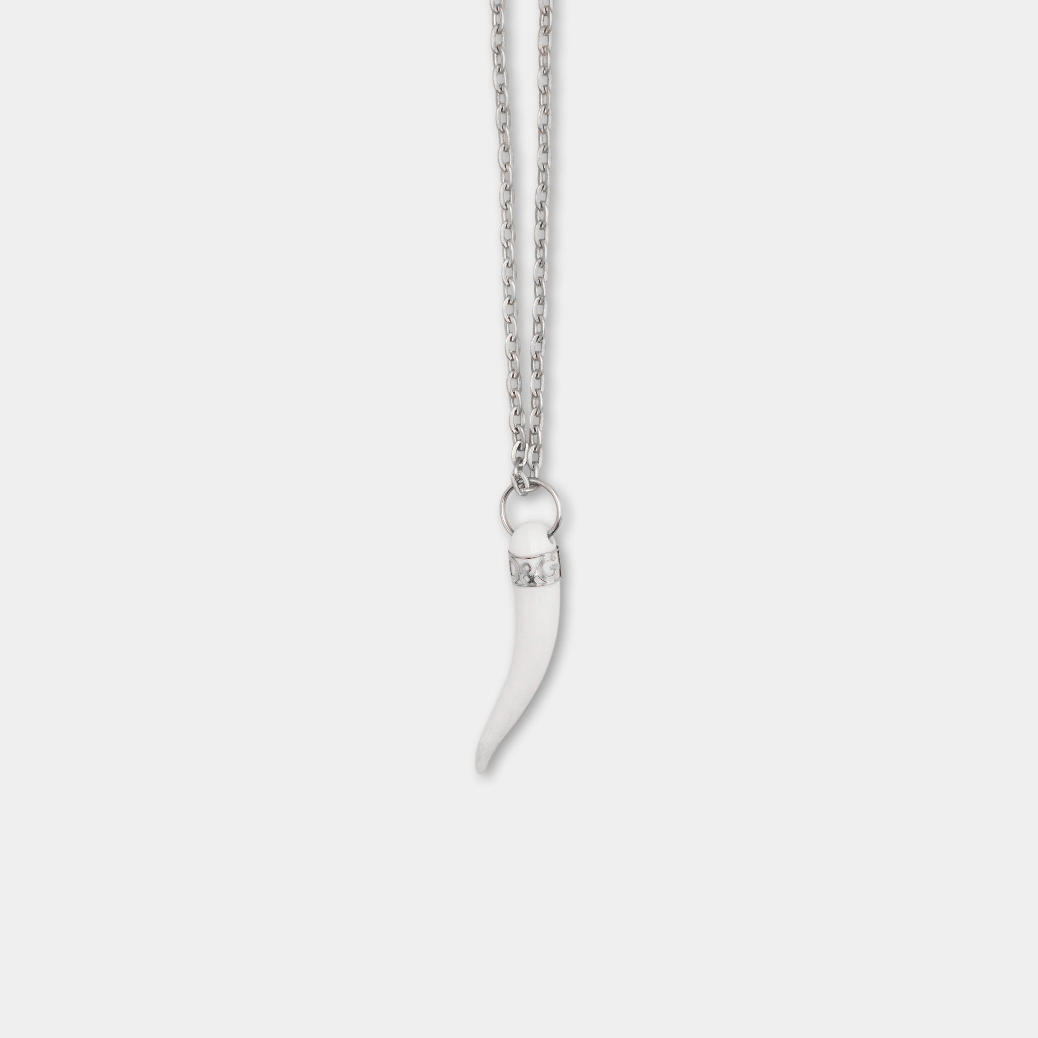 A silver necklace with a pendant featuring a white horn-like shape.