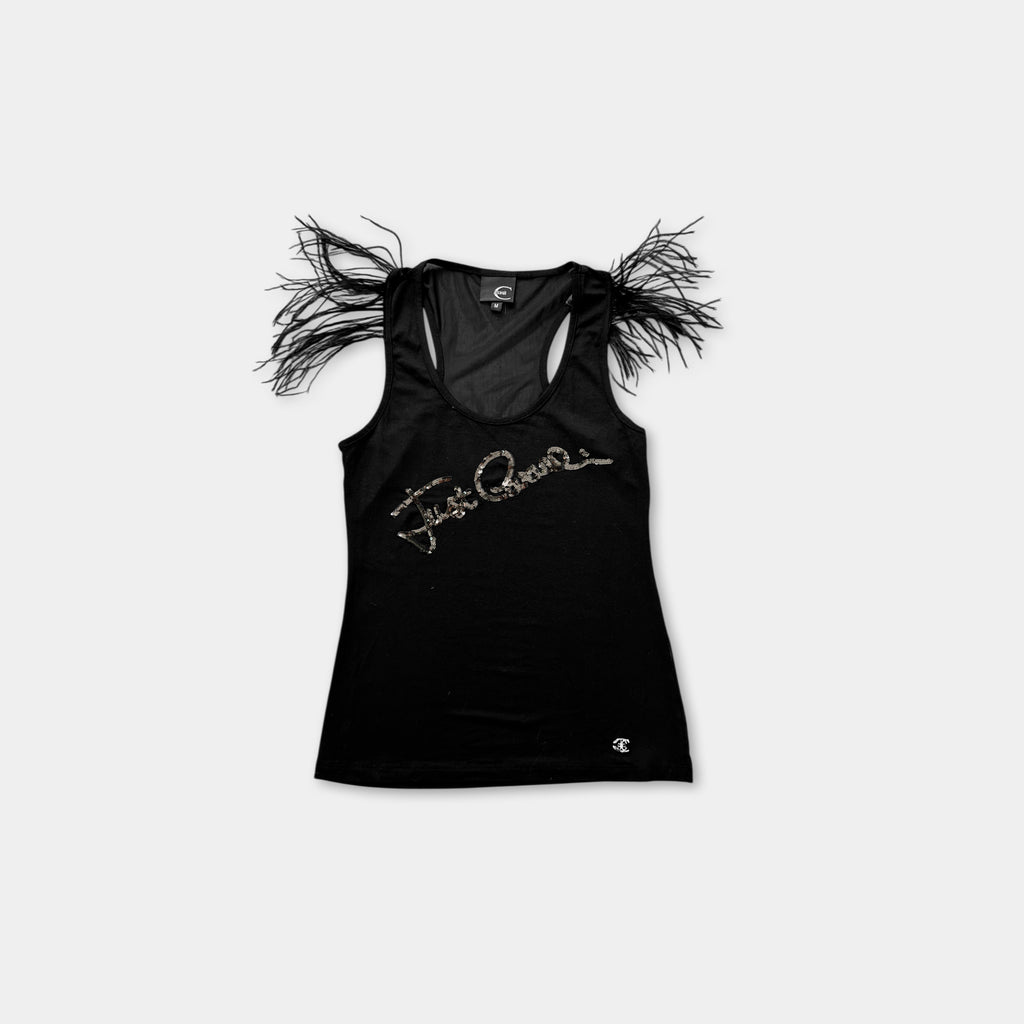 A black tank top with a feathery design on the front.