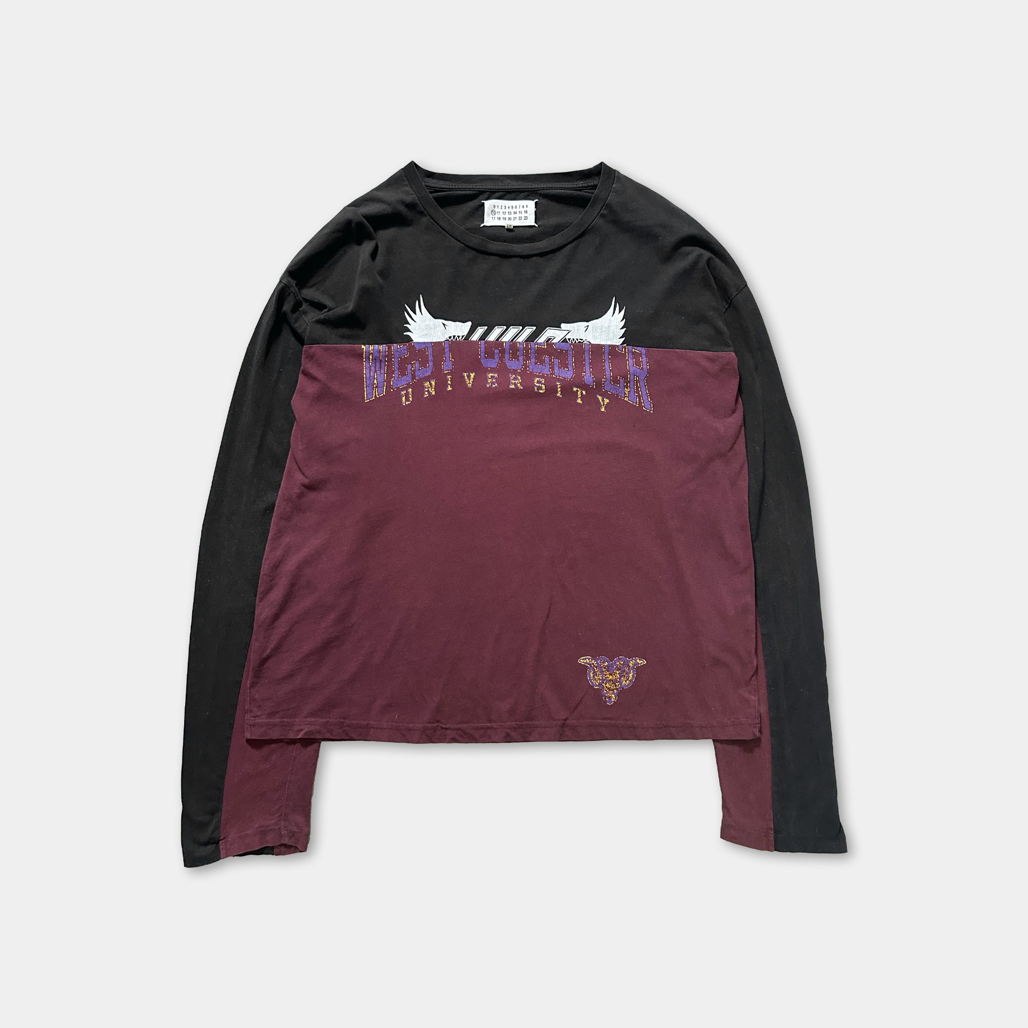 A black and maroon long-sleeved shirt with the text "WEST GUESTOR UNIVERSITY" printed on it.
