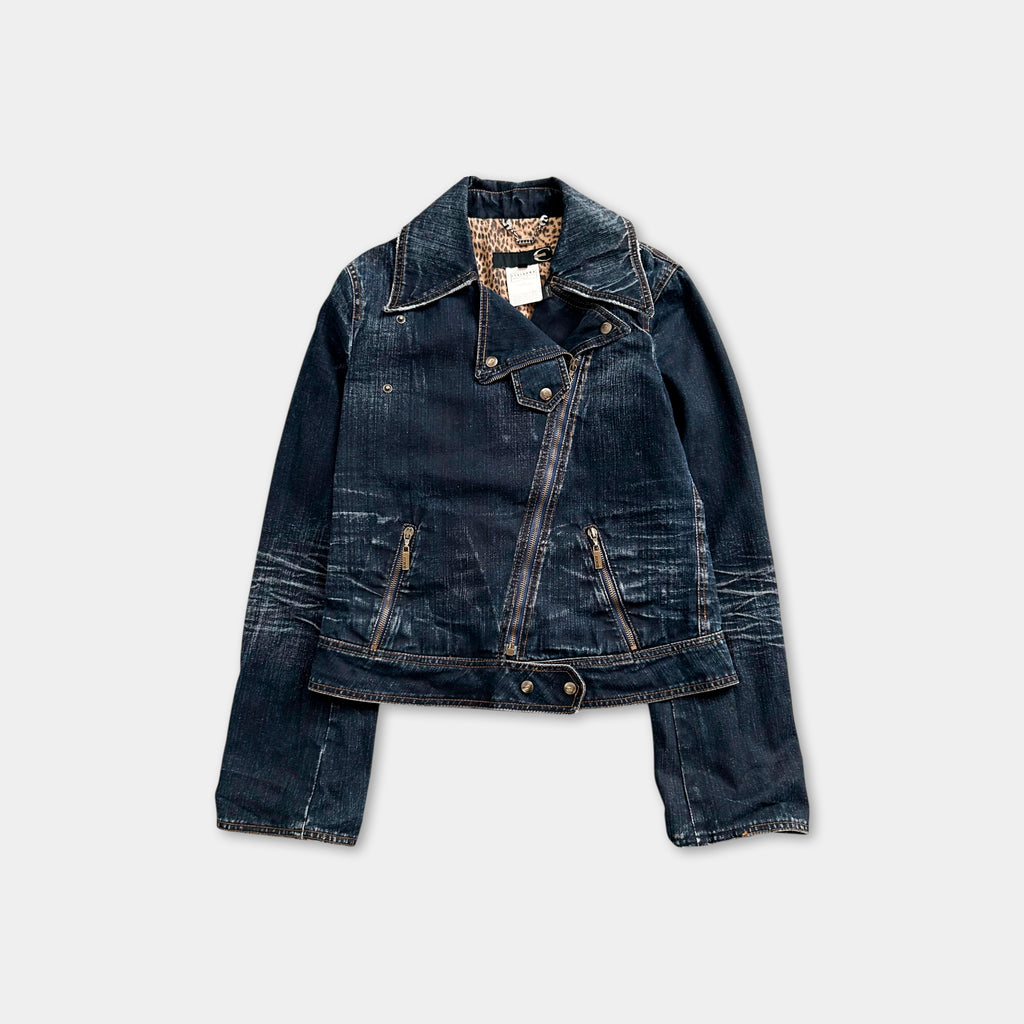 A dark blue denim jacket with a zipper and collar, displayed against a plain background.