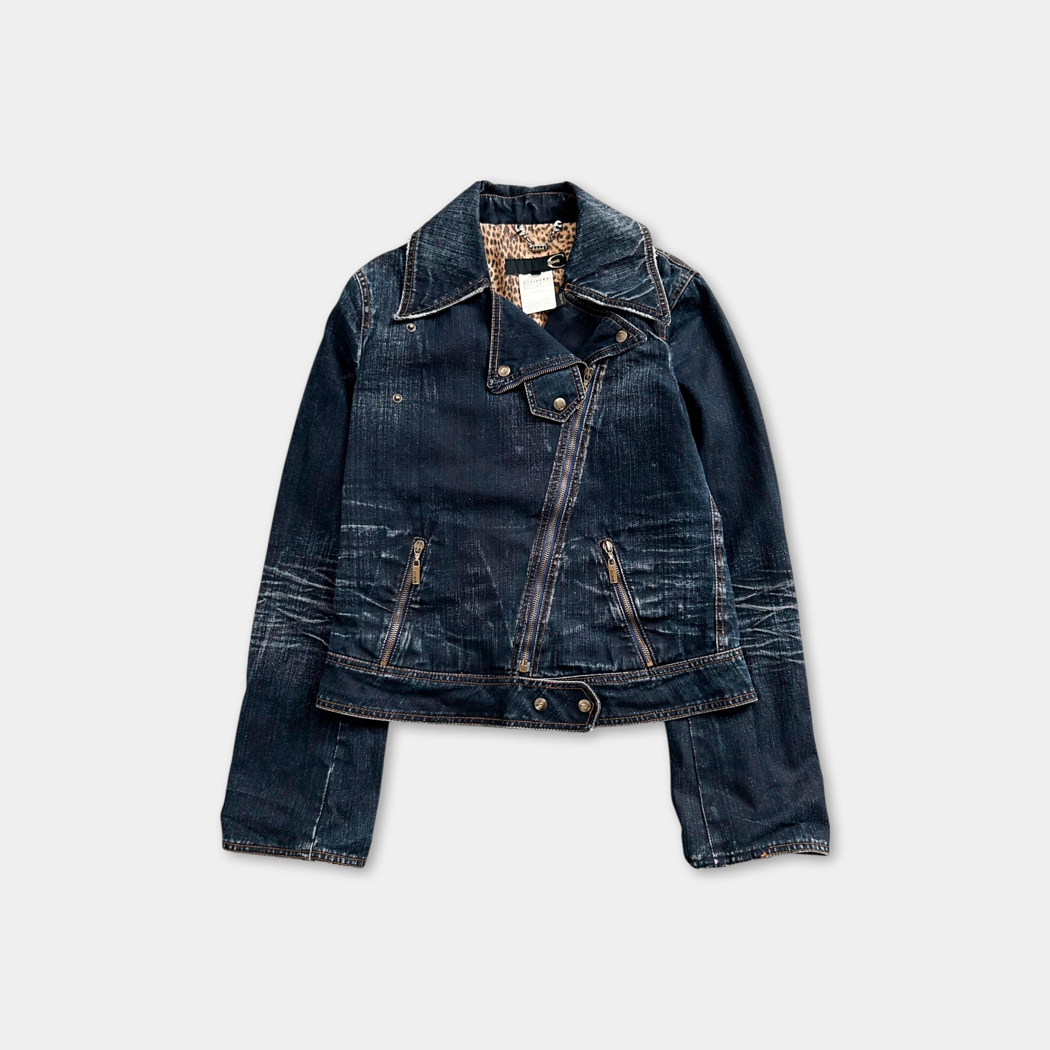 A dark blue denim jacket with a zipper and collar, displayed against a plain background.