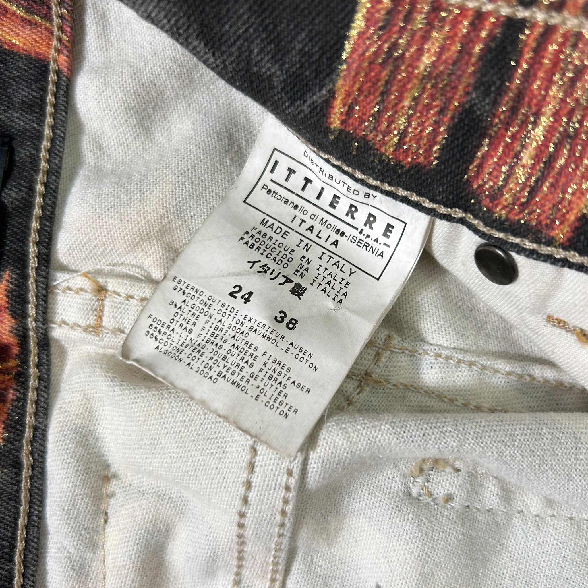 a close-up view of a label on a pair of jeans, providing information about the brand and product details.
