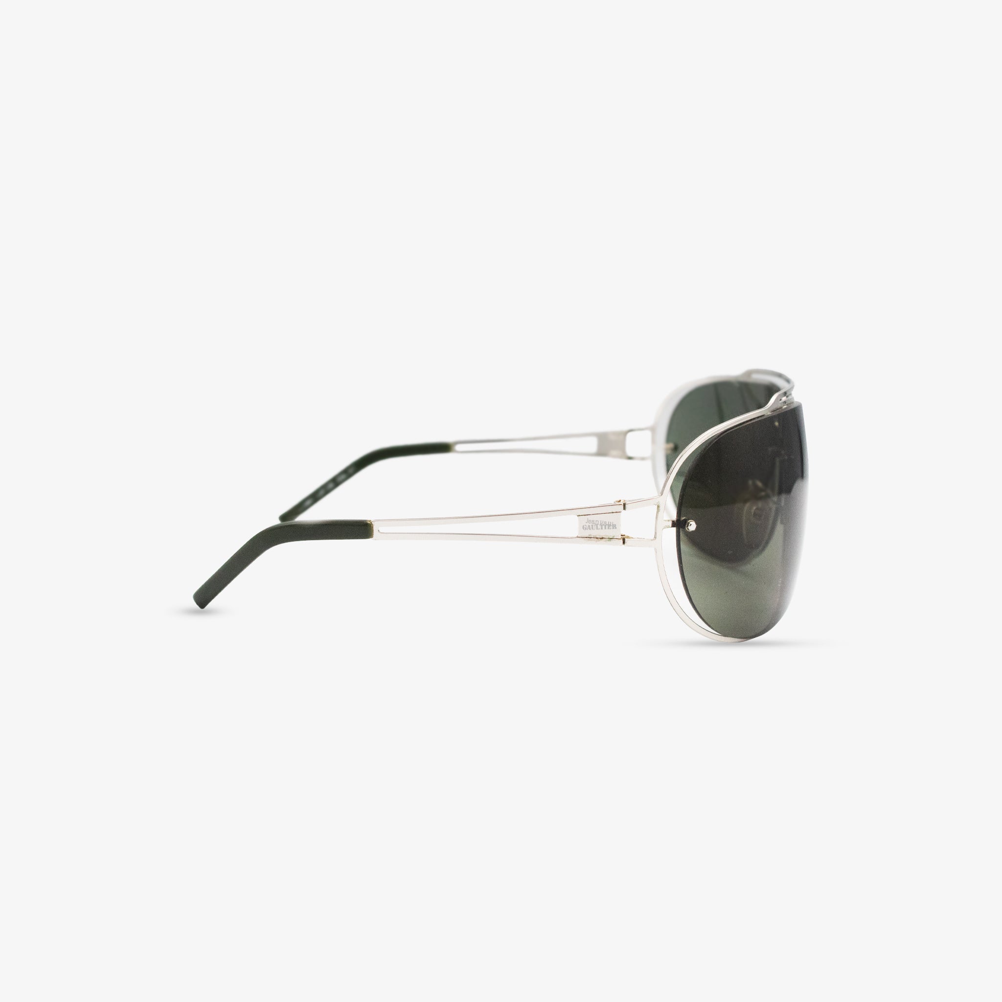 A pair of sunglasses with dark lenses and a silver frame.