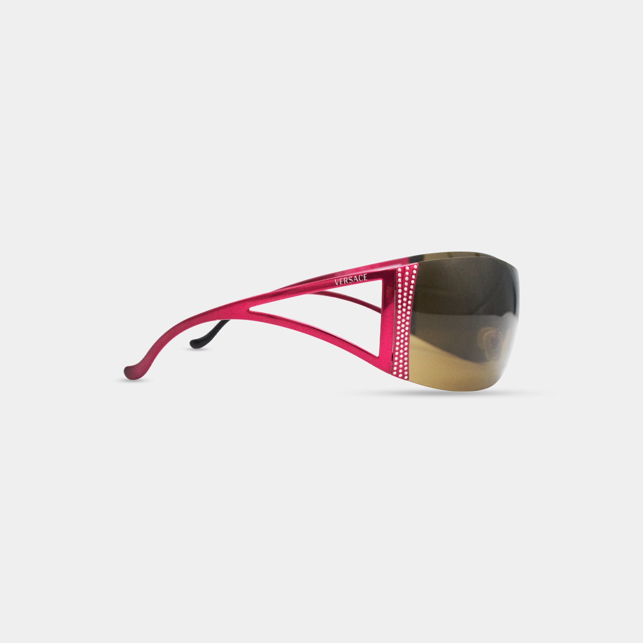 A pair of pink sunglasses with a dark frame and a reflective lens.