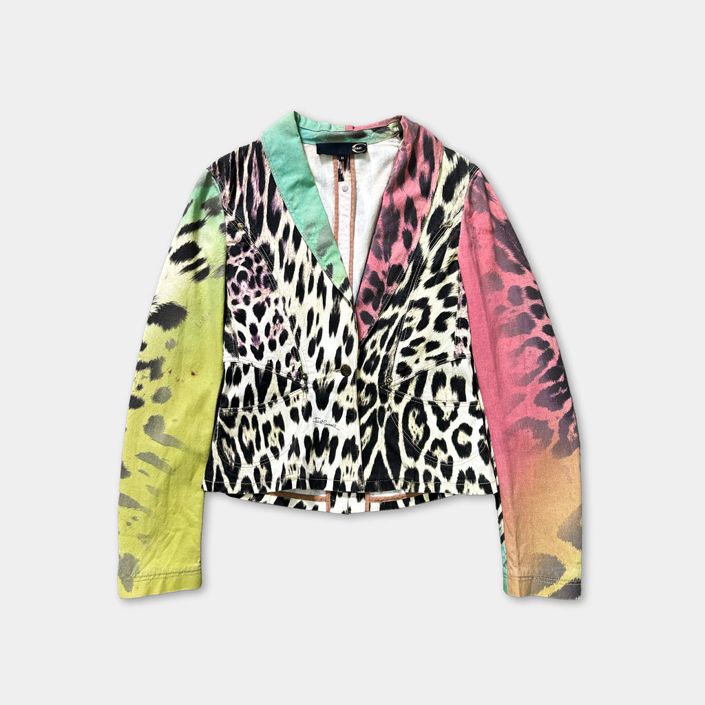A colorful, patterned jacket with a leopard print design.