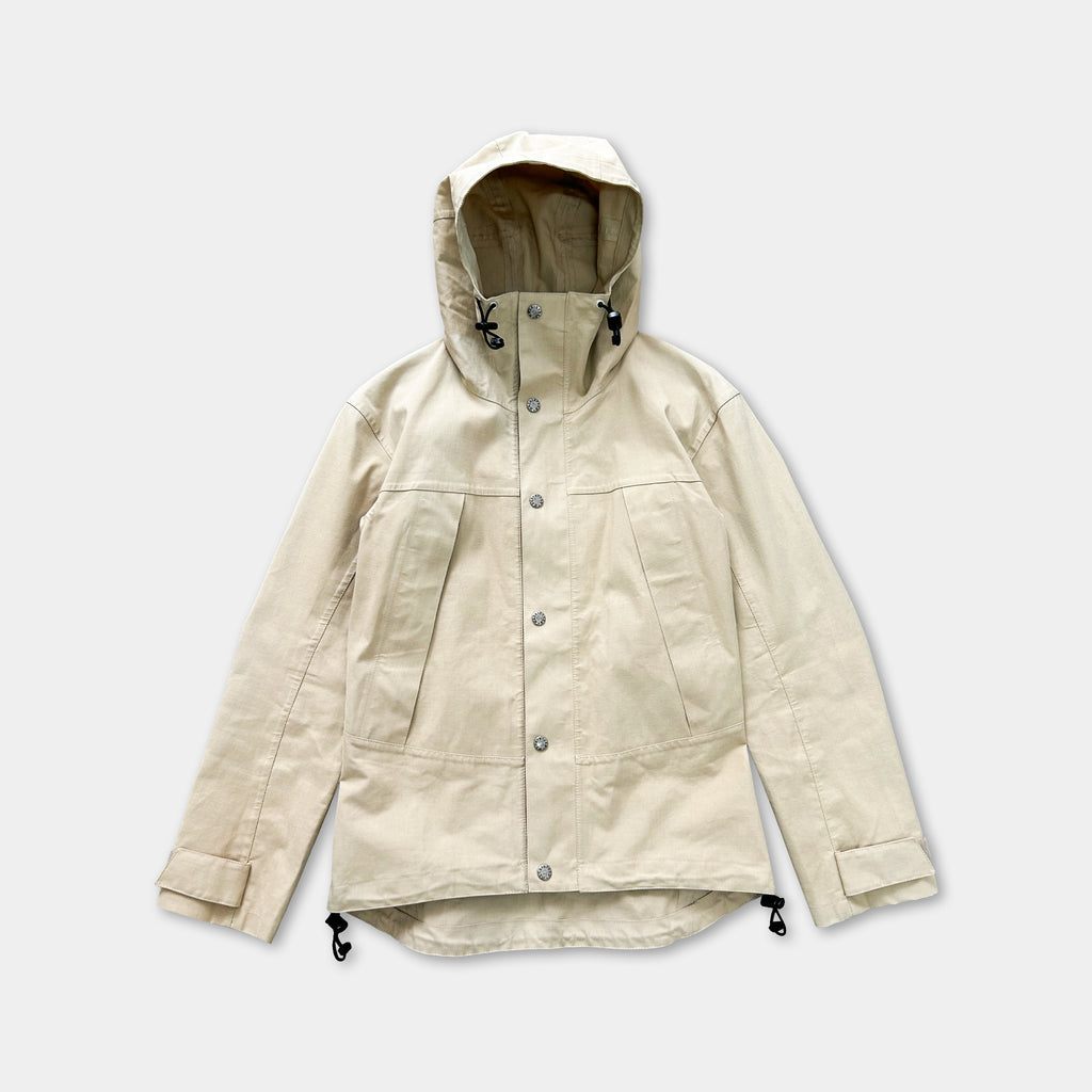 A beige jacket with a hood, buttons, and a zipper, displayed against a white background.