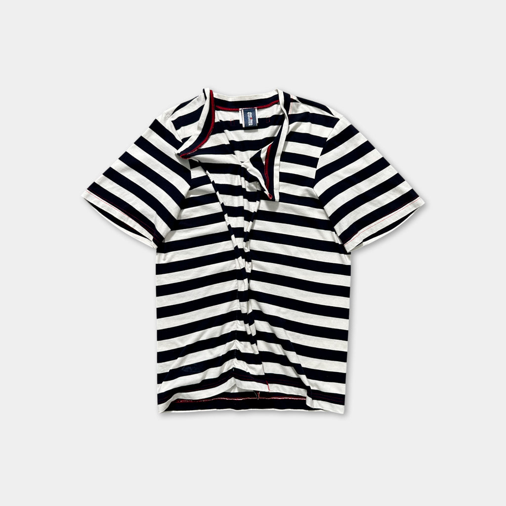 A striped shirt with a red collar and zipper is shown against a plain background.