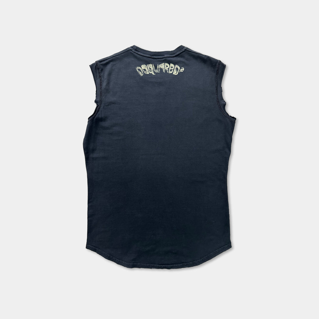 a black sleeveless t-shirt with a unique design on the back.
