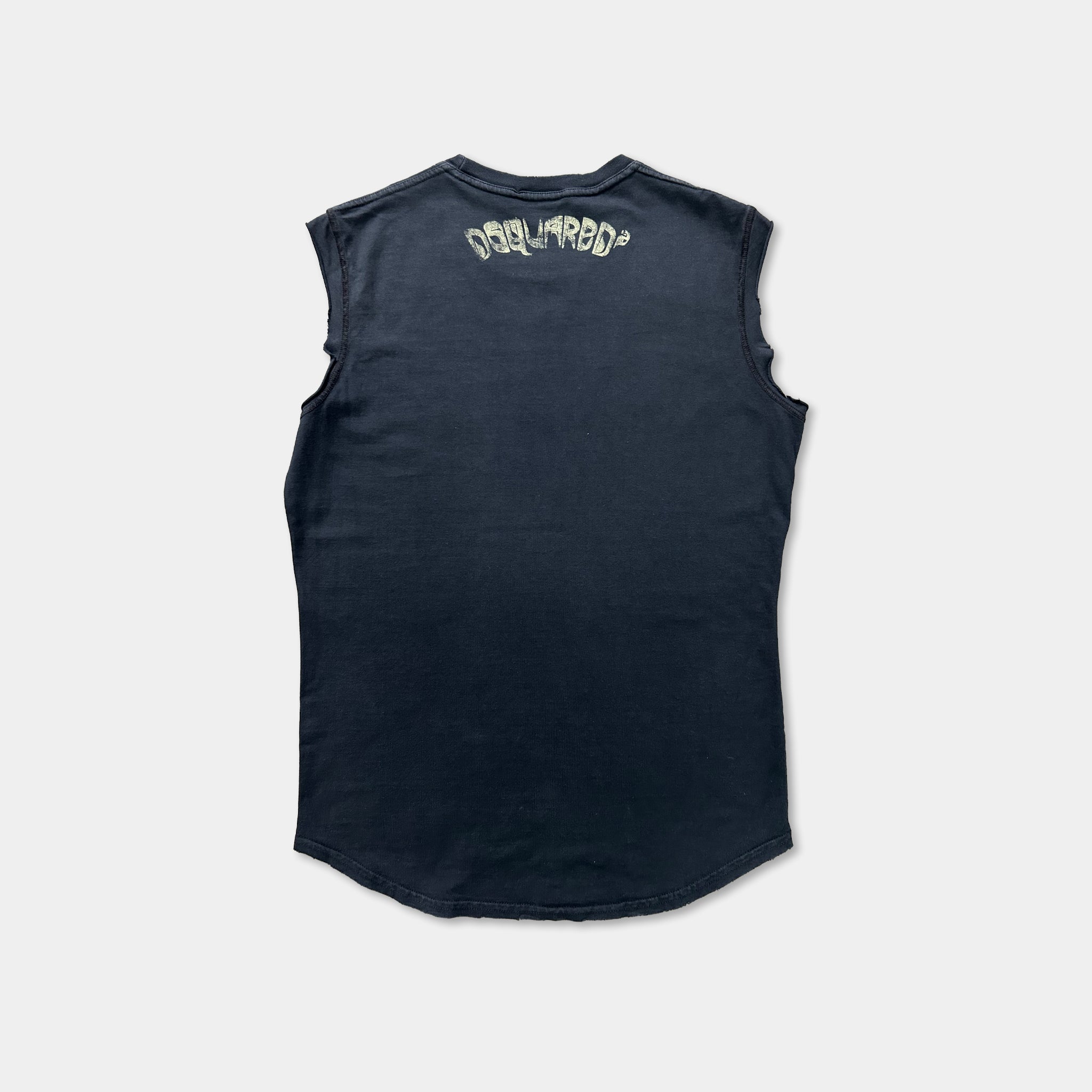a black sleeveless t-shirt with a unique design on the back.