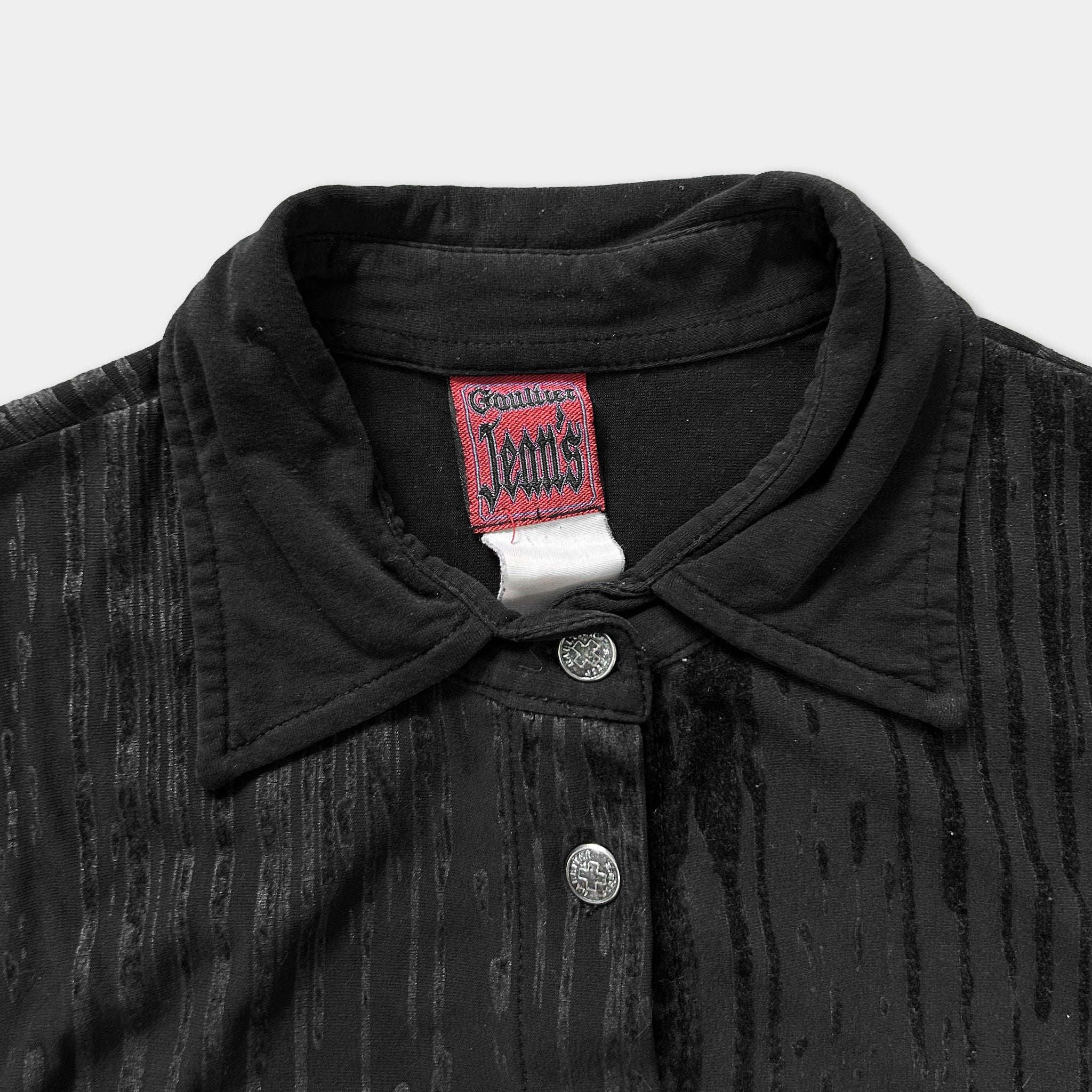 a close-up view of a black jacket with a collar and buttons.