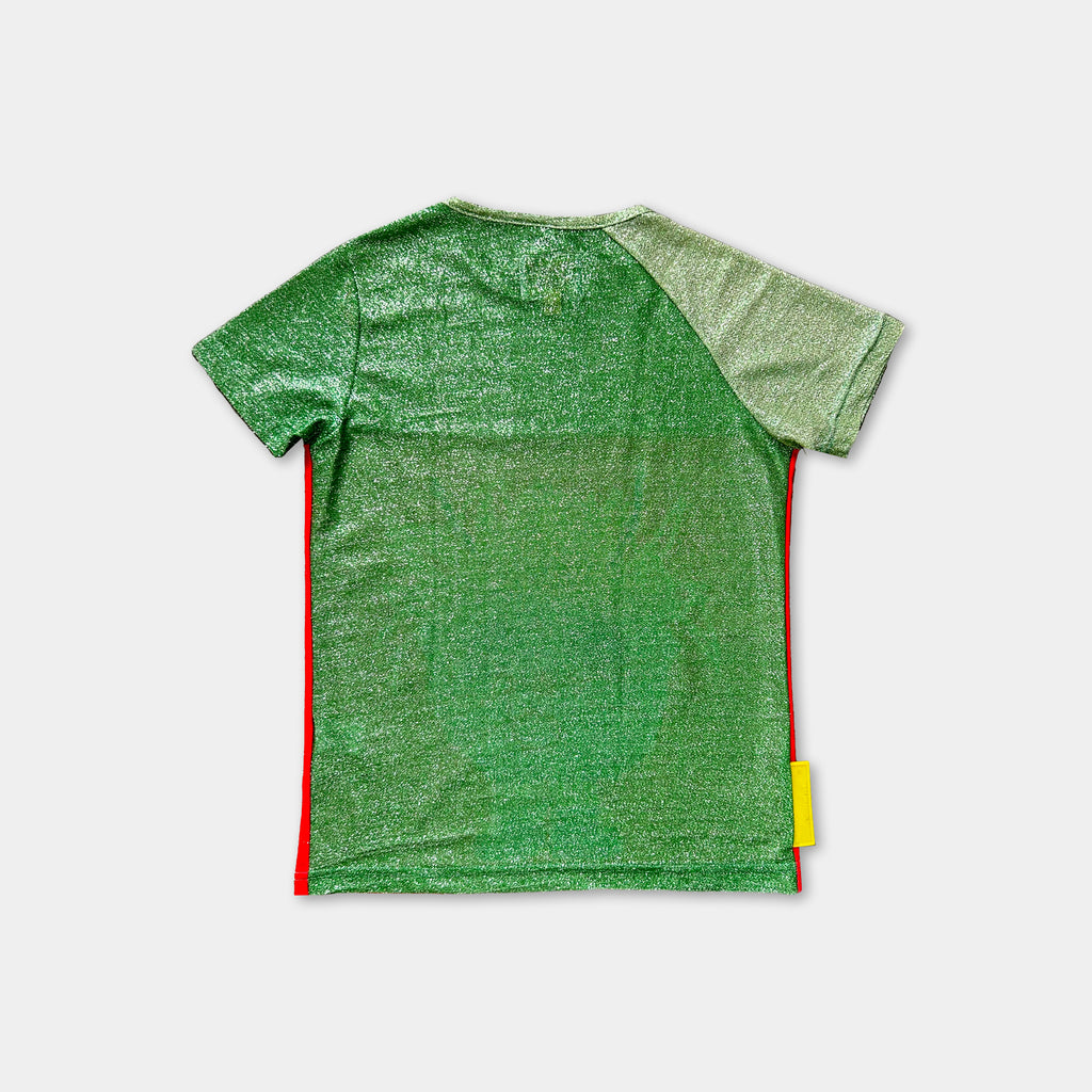a green t-shirt with a red stripe on the side.