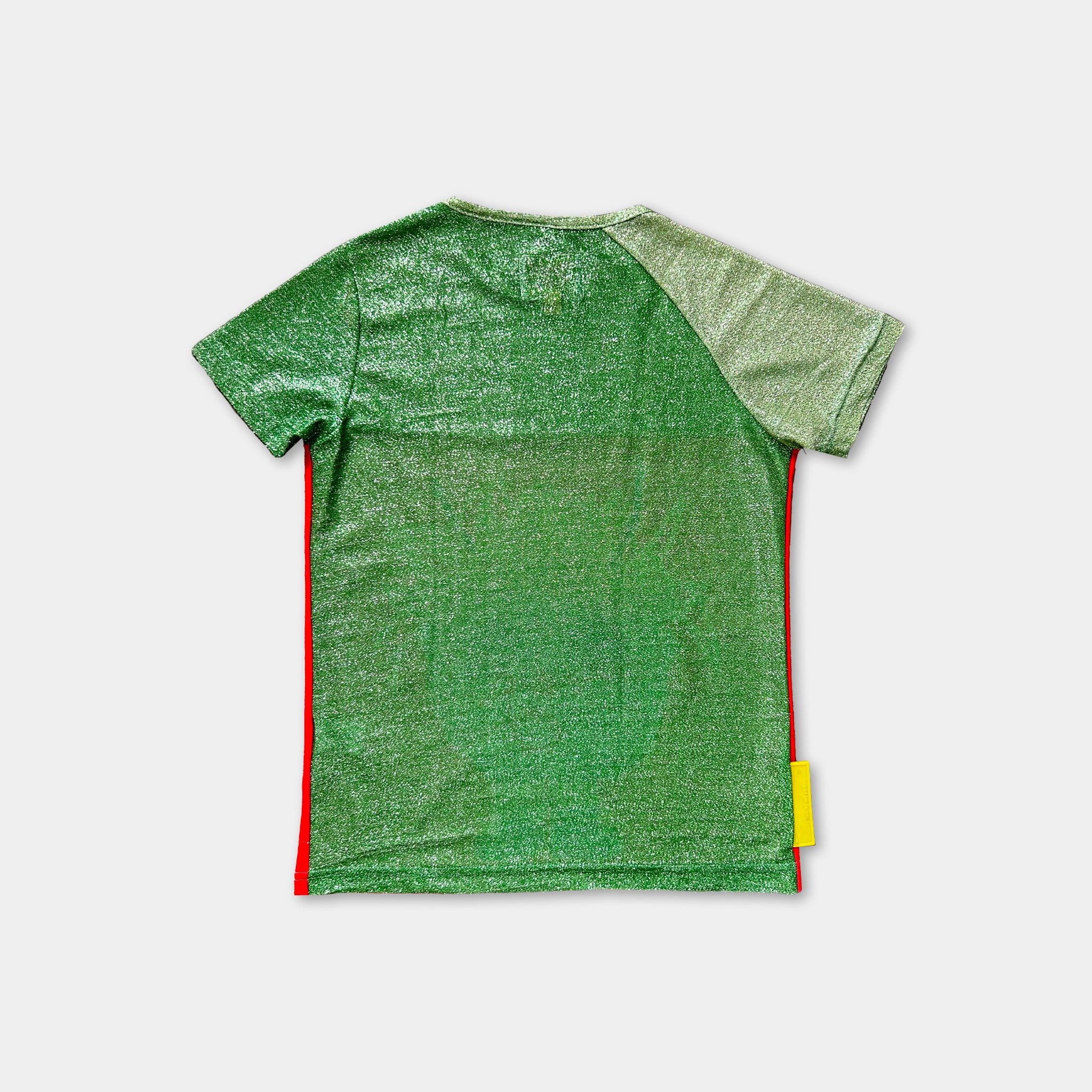a green t-shirt with a red stripe on the side.