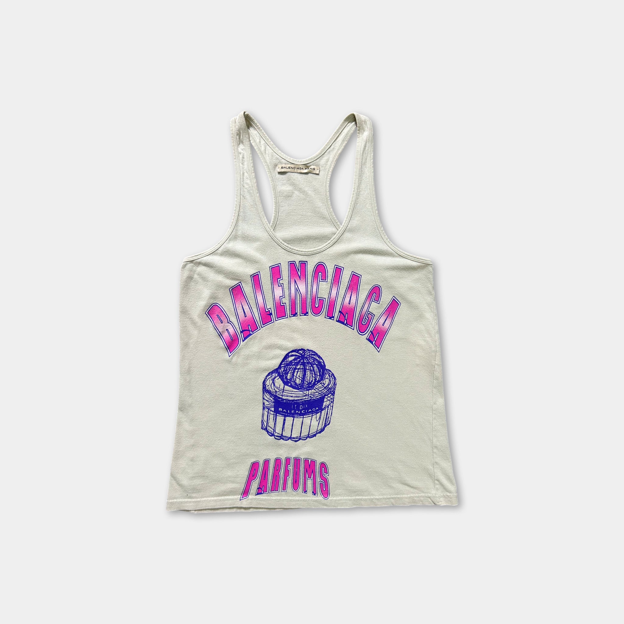 A white tank top with pink and purple text and graphics printed on it.