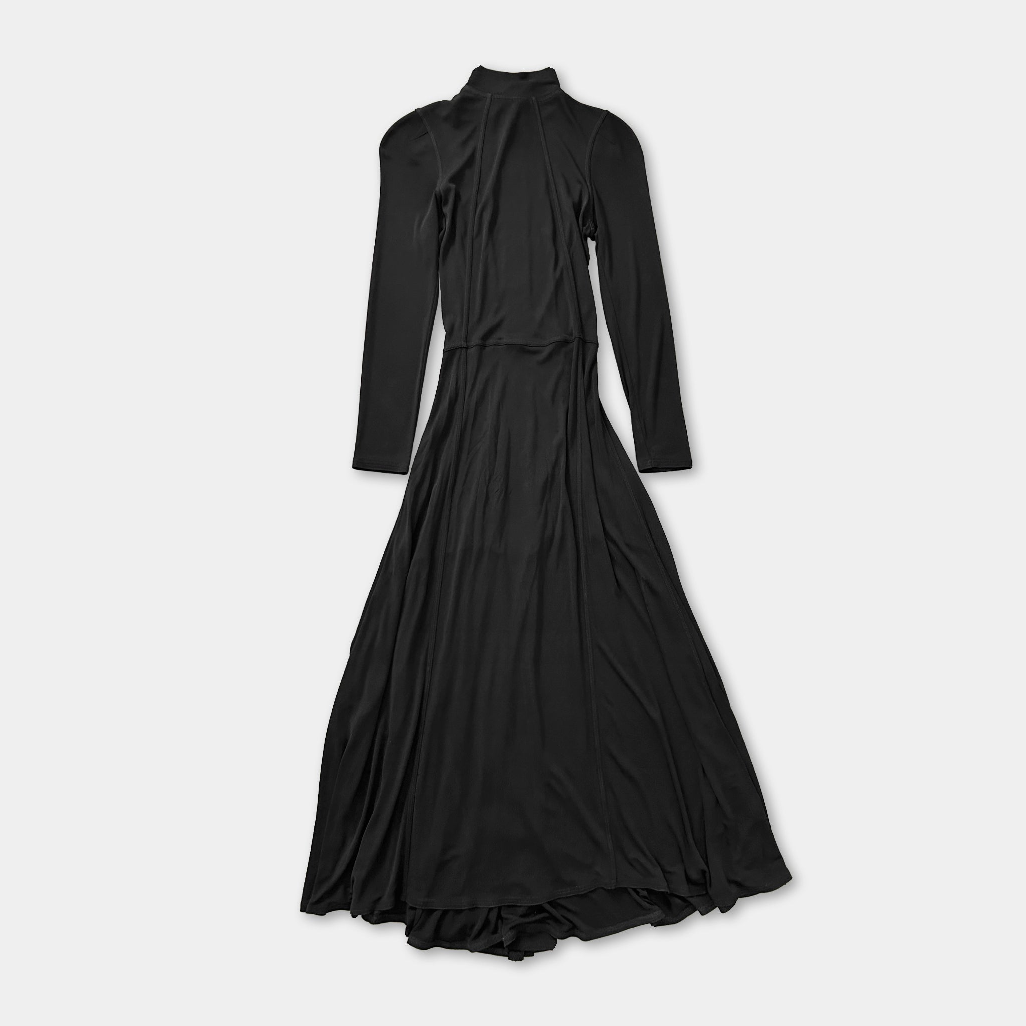 A long, black dress with a high neckline and long sleeves, displayed against a plain background.