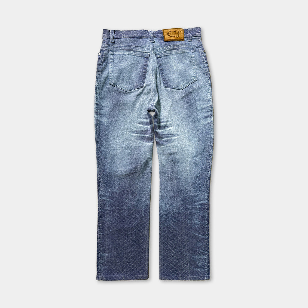 A pair of blue jeans with a distinctive pattern on the legs.