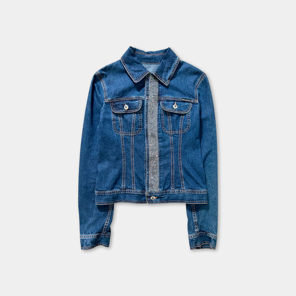 A denim jacket with a zipper and pockets, featuring a diamond-patterned trim on the front.