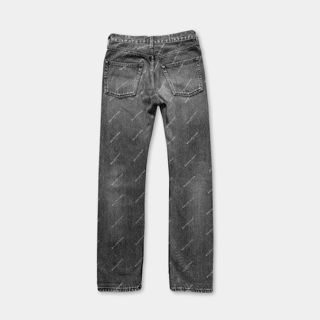 a pair of black and white jeans with a repeating pattern on the fabric.