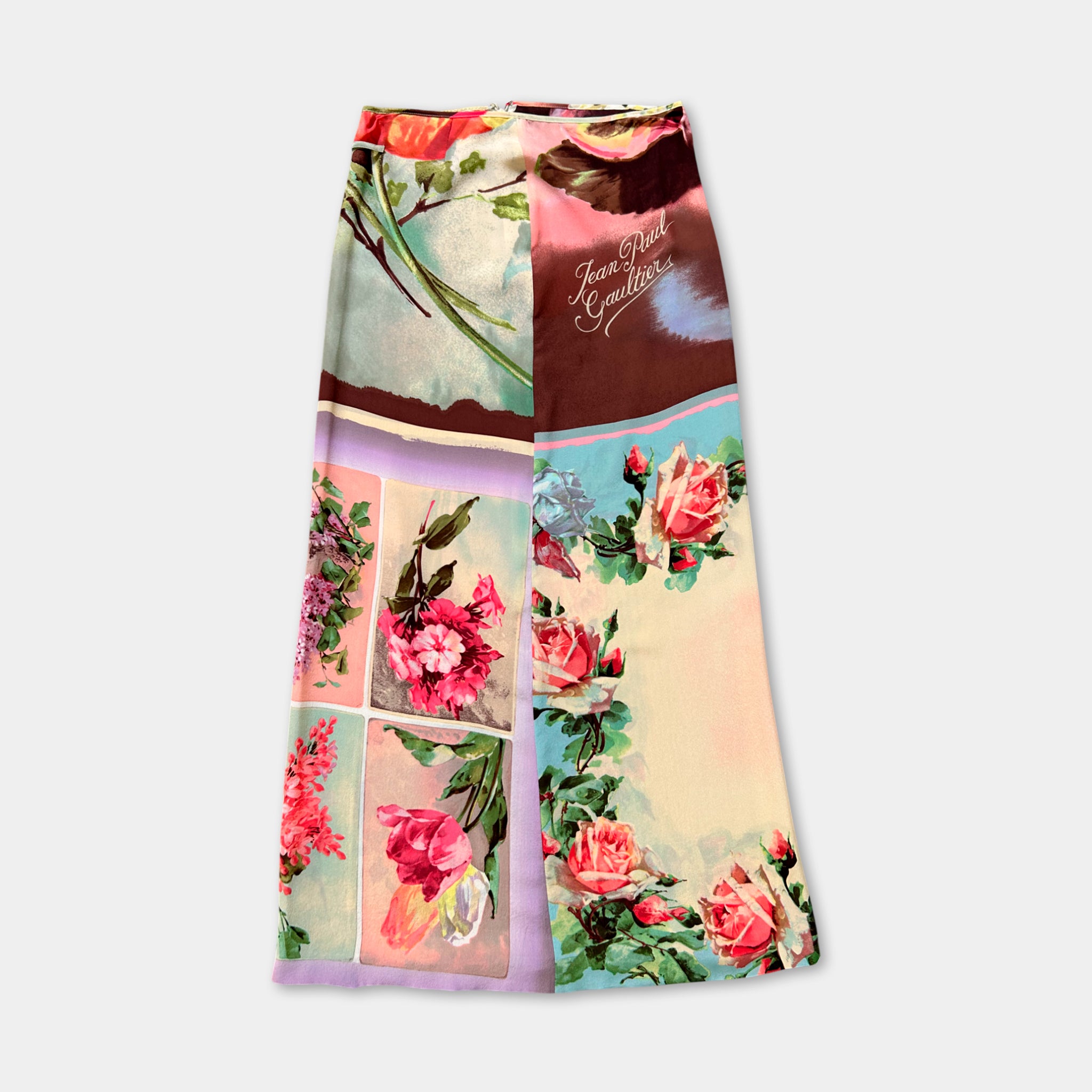 The image is a colorful skirt with a floral print design.