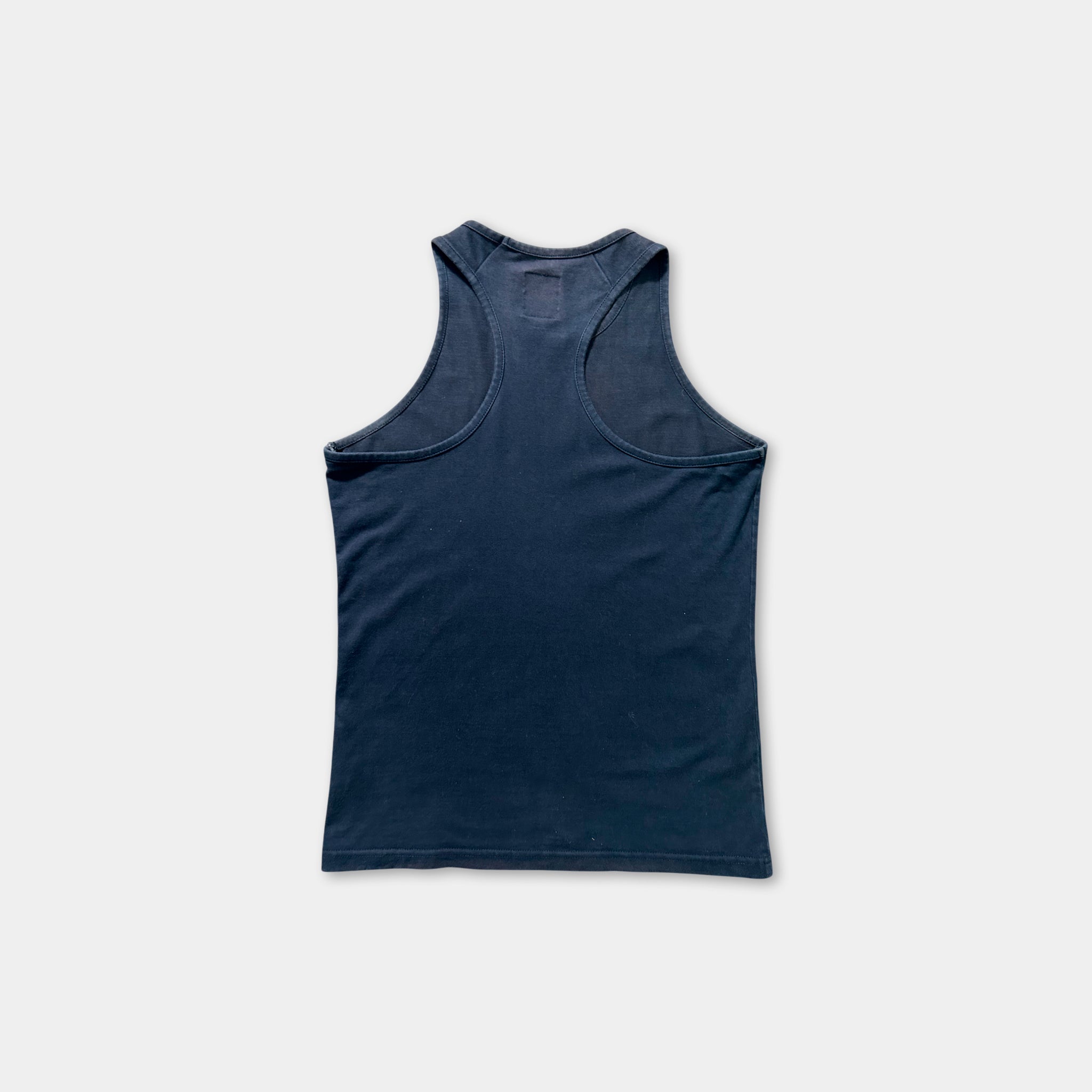 A dark blue tank top is shown against a white background.