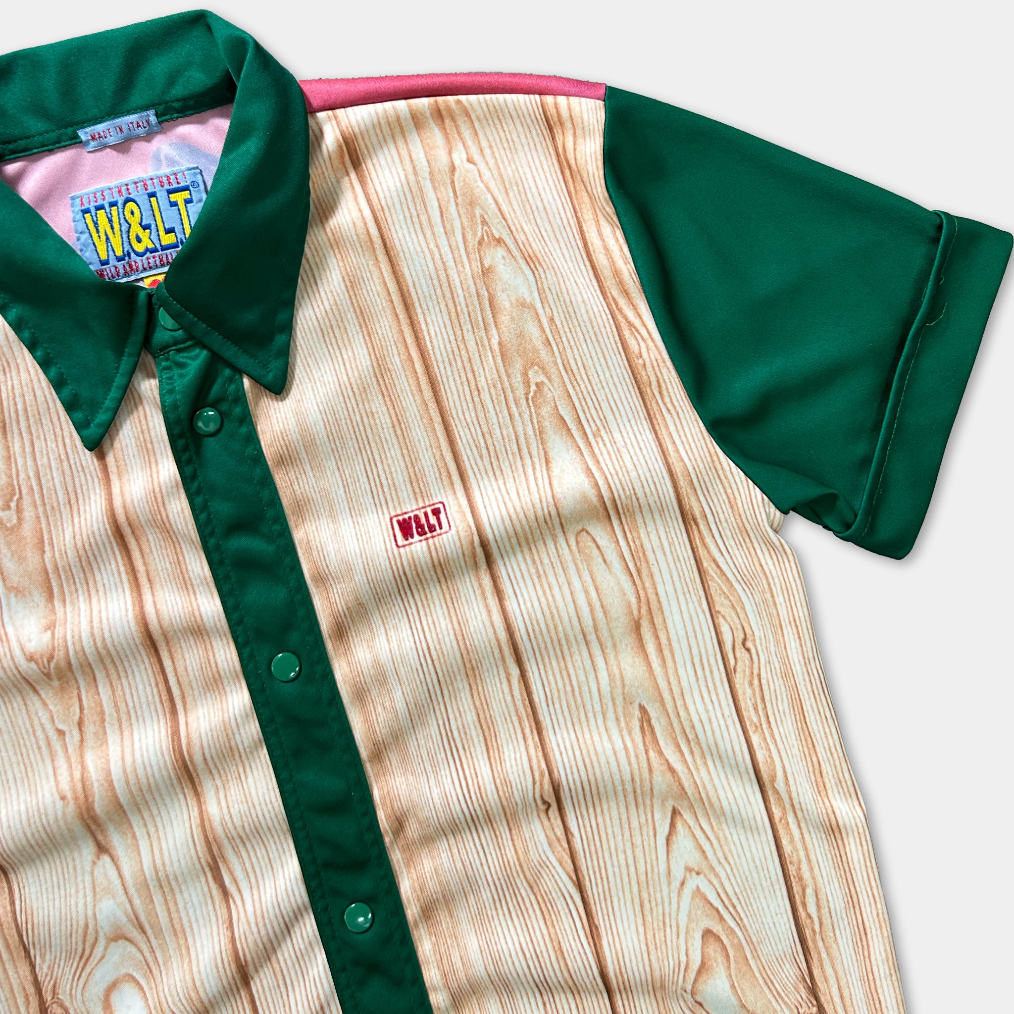 A collage of images featuring a shirt with a green collar and a wooden texture, along with a pink collar.