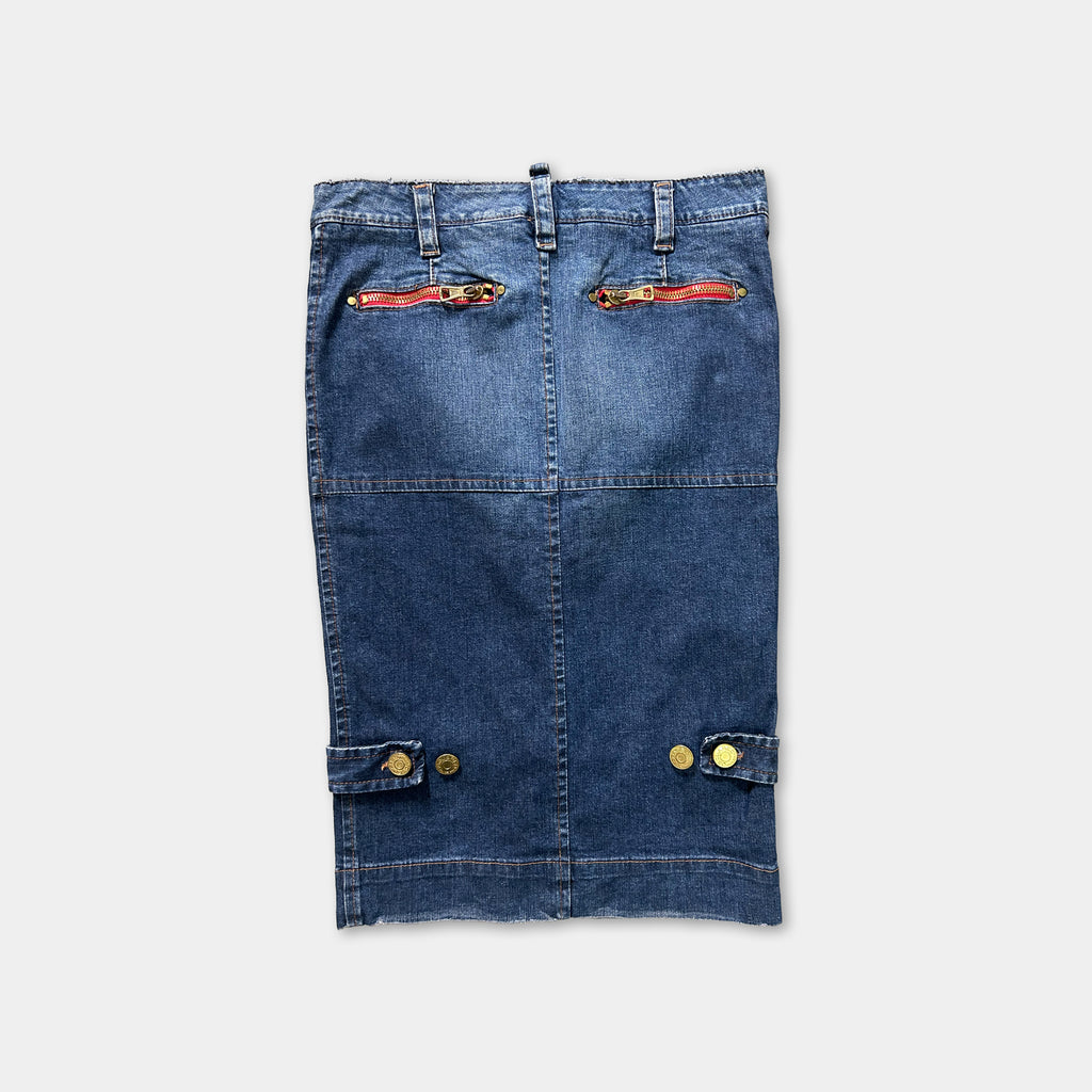 A pair of blue jeans with red zipper pulls and gold buttons on the front pockets.