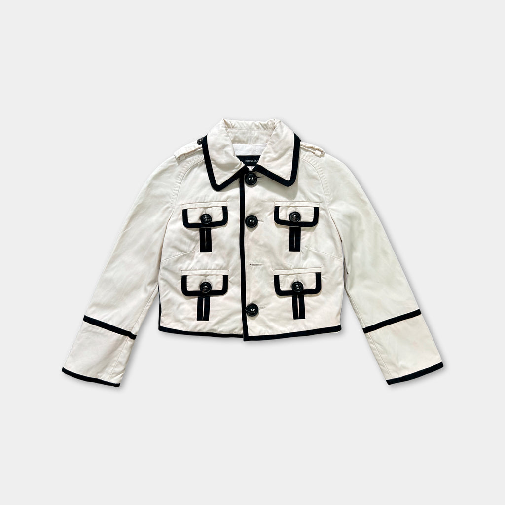 A white jacket with black trim and buttons, displayed against a white background.