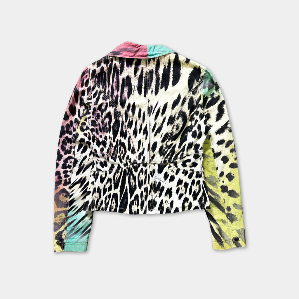 A colorful jacket with a leopard print pattern, featuring a mix of pink, green, and black colors.