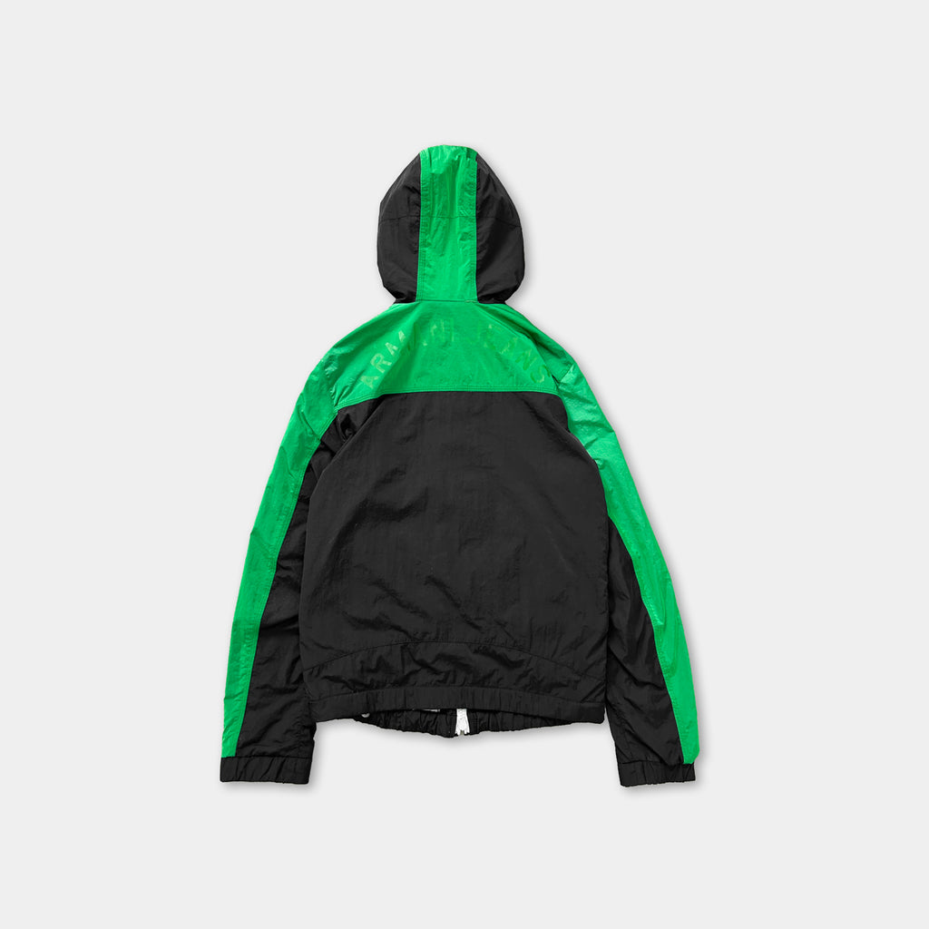 A black and green jacket with a hood, displayed against a white background.