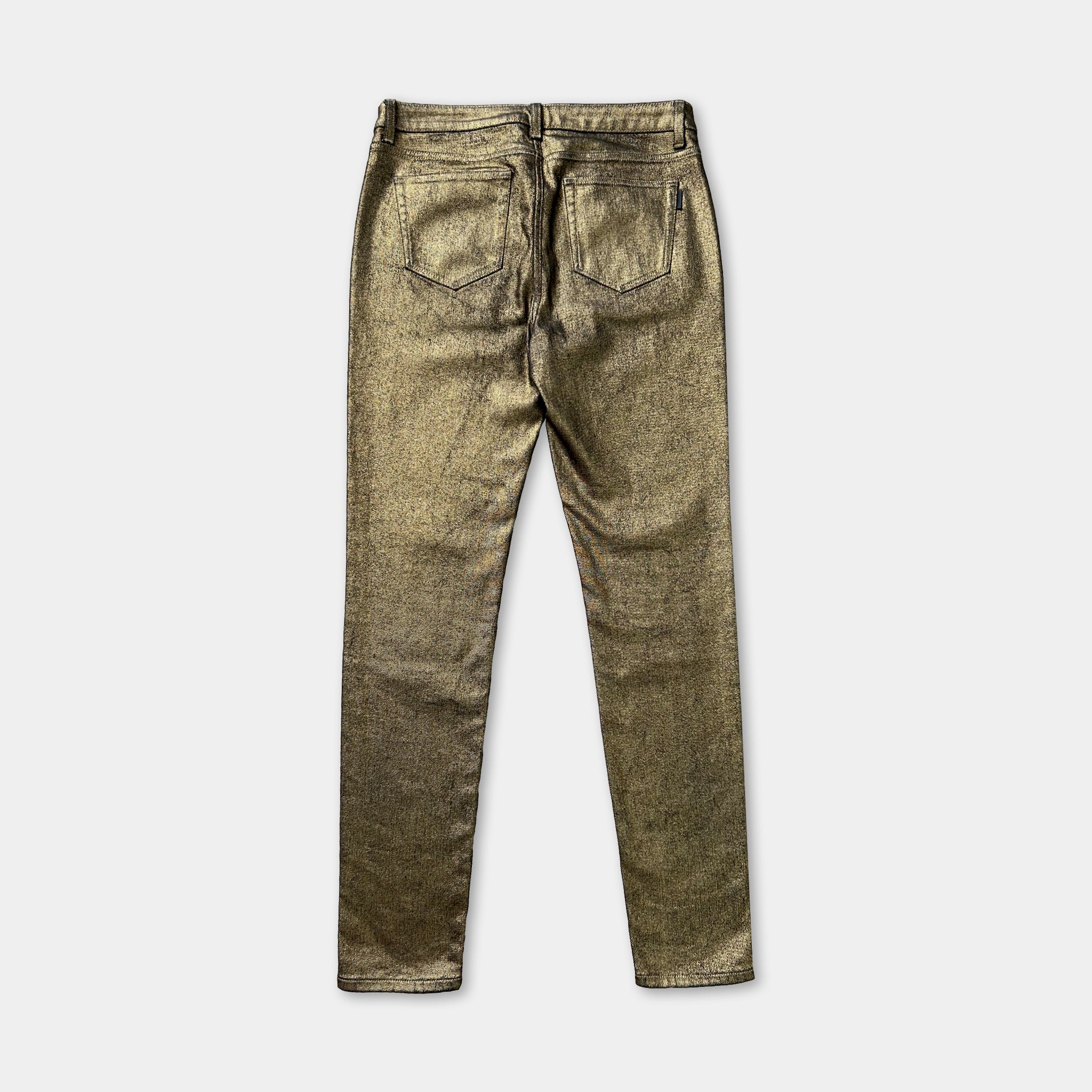 A pair of gold-colored, shiny jeans with a high-waisted design.