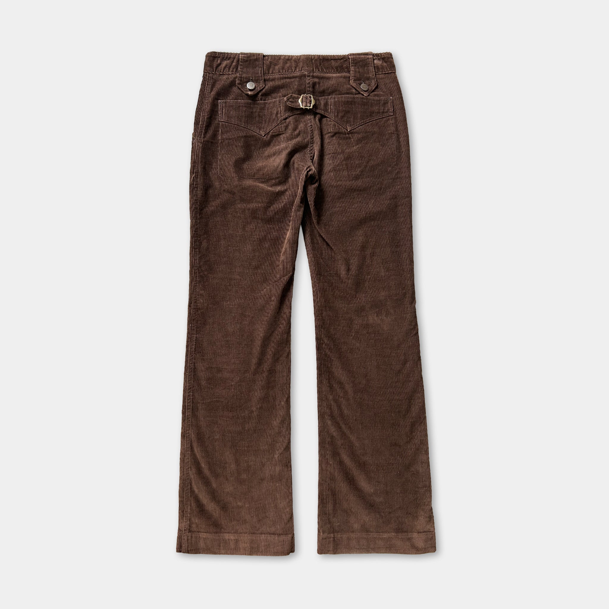 A pair of brown corduroy pants with a belt and button closure.