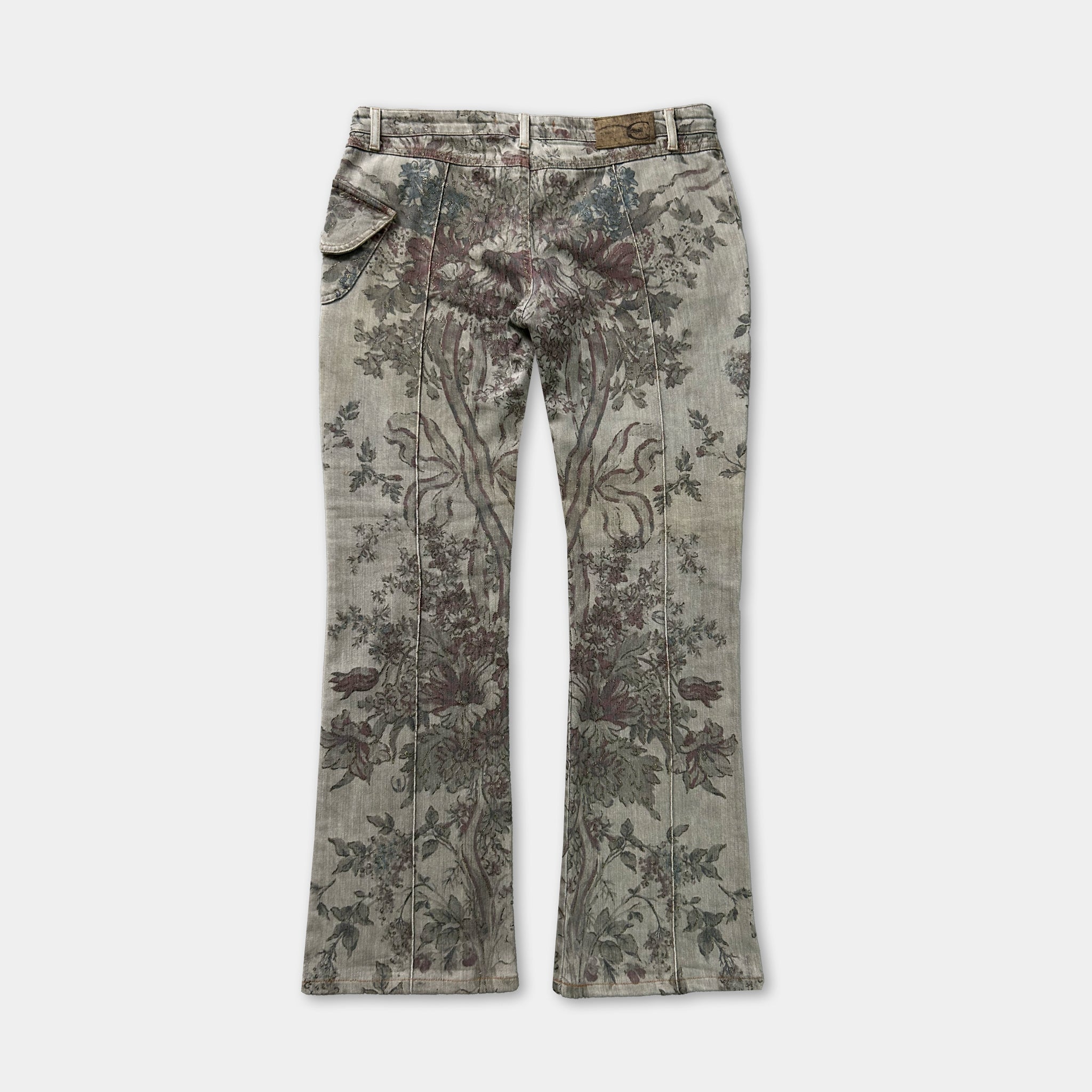 A pair of gray pants with a floral print pattern.