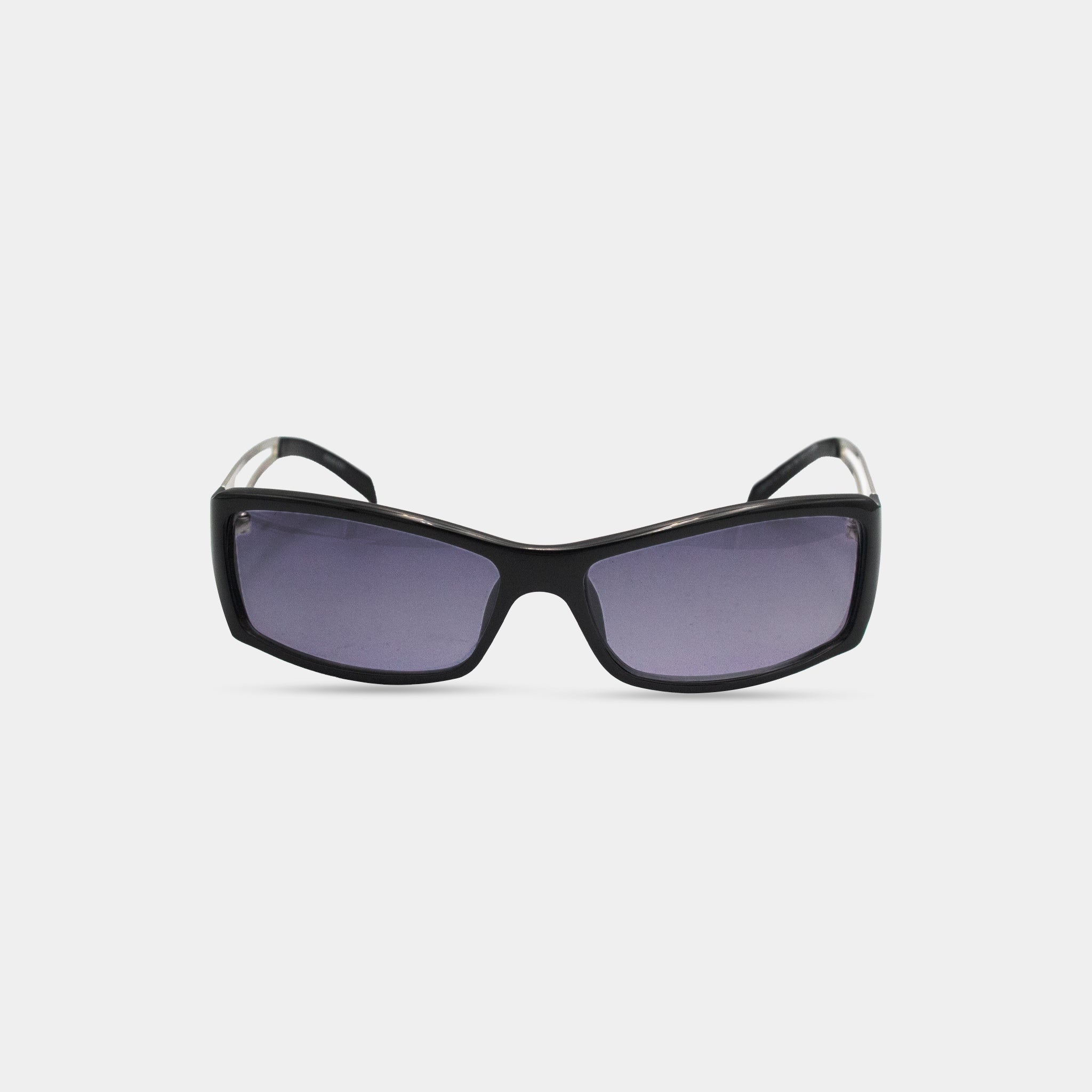 A pair of black sunglasses with dark lenses.