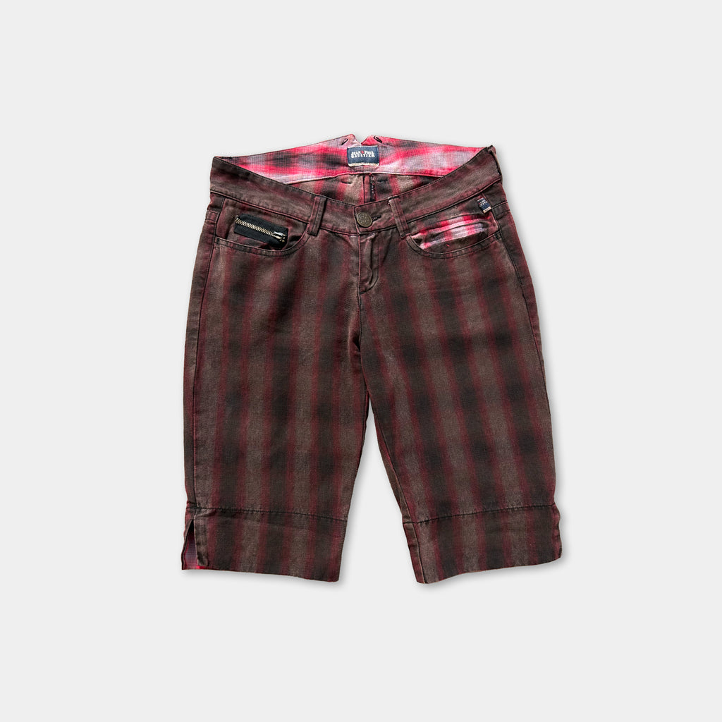 A pair of dark red plaid shorts with a zipper pocket on the front.