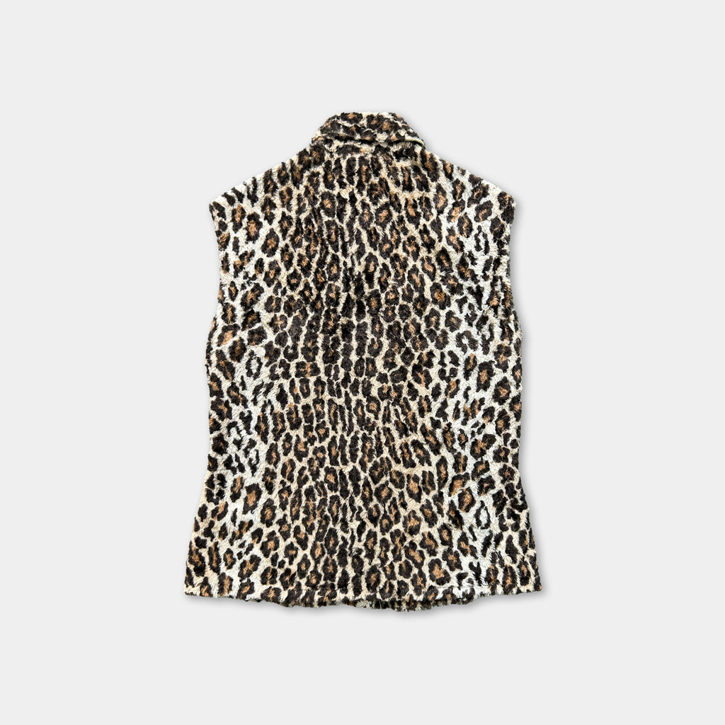 A leopard print vest is displayed against a white background.