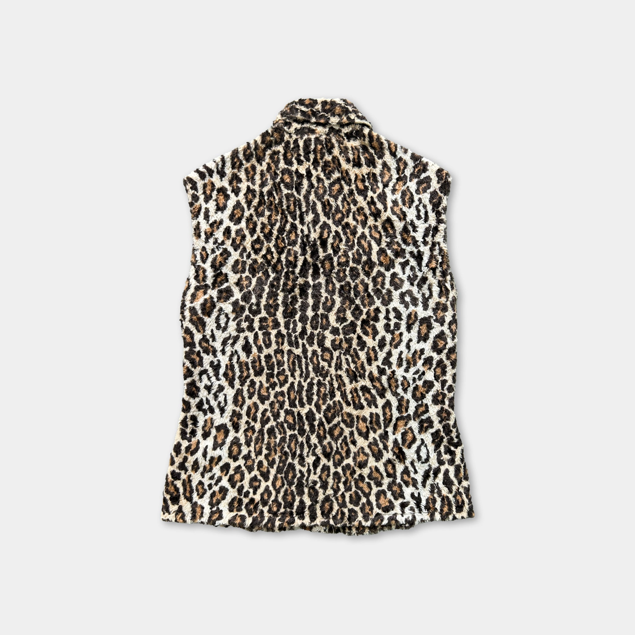 A leopard print vest is displayed against a white background.