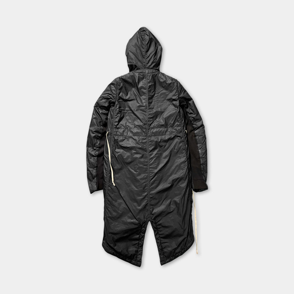 a black hooded jacket with a hood, displayed against a plain white background.