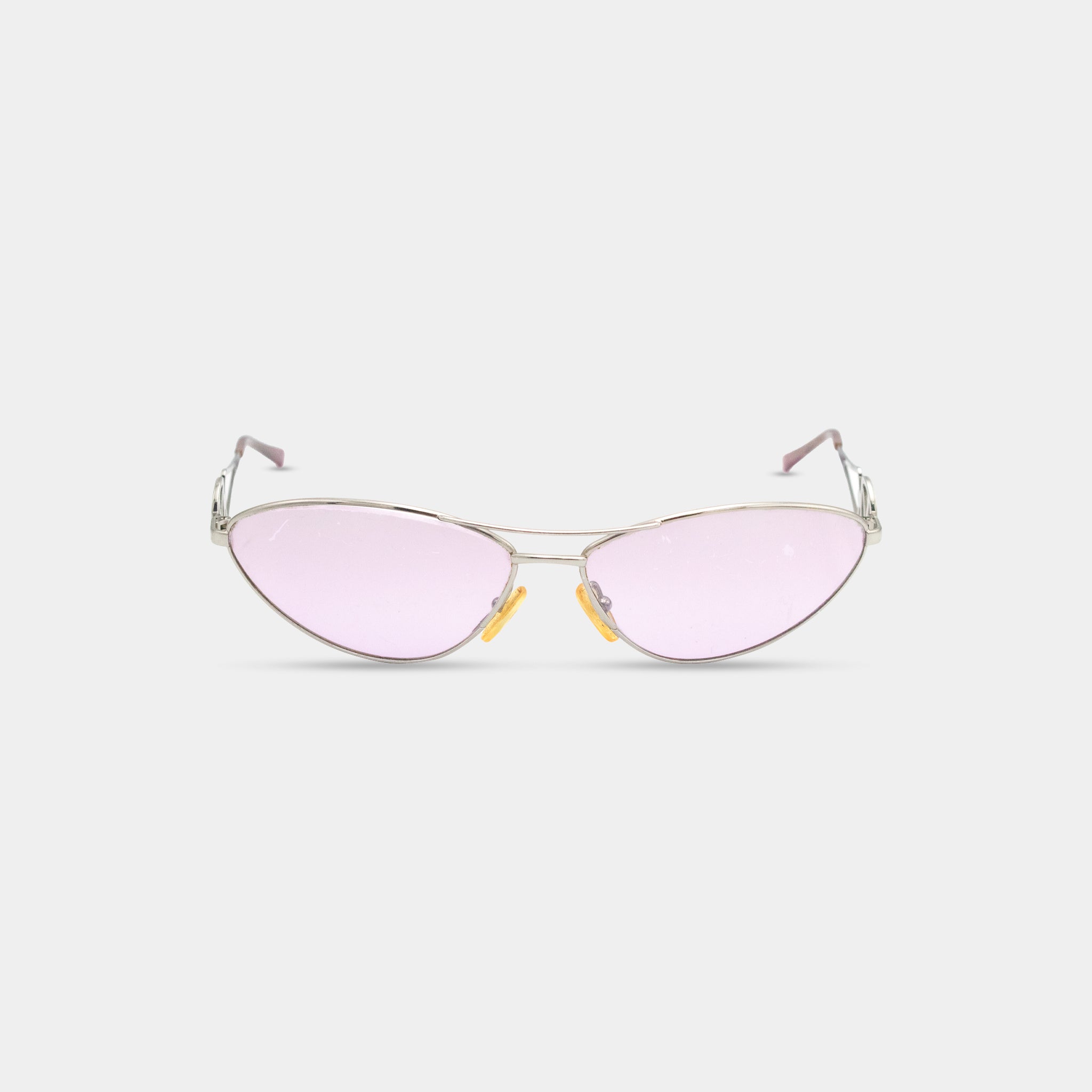 A pair of pink-tinted sunglasses with a silver frame.
