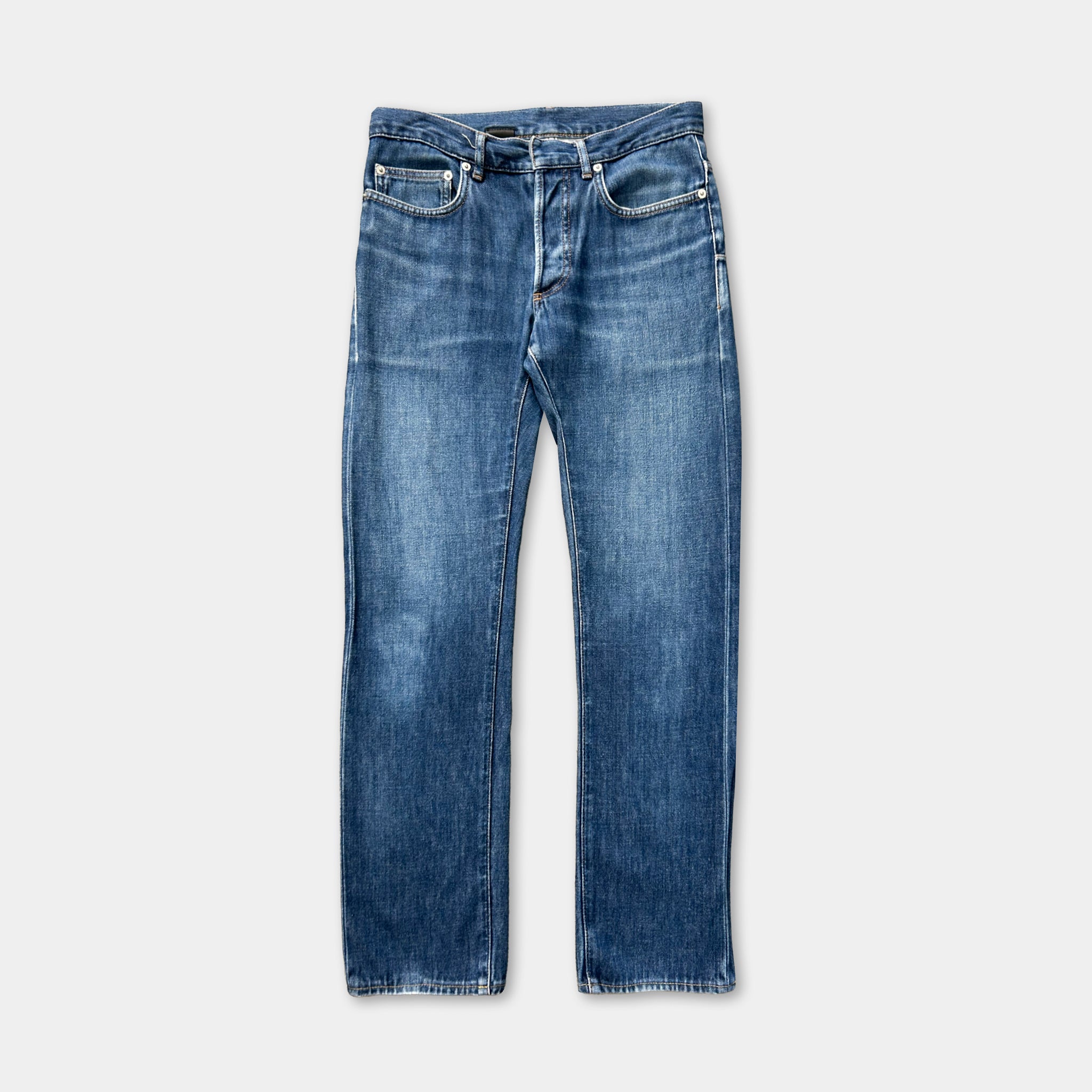 A pair of blue jeans with a classic straight leg design.