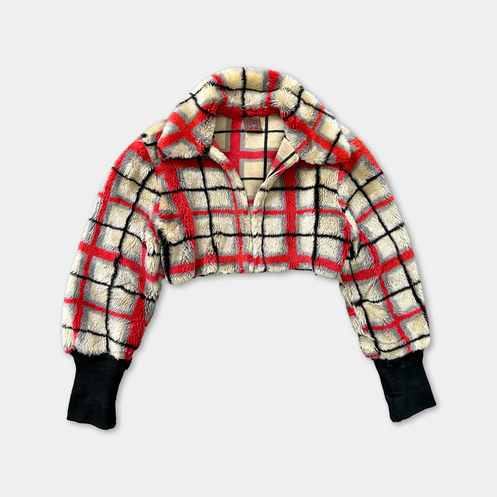 A red and black plaid jacket with a zipper and black sleeves, displayed against a white background.