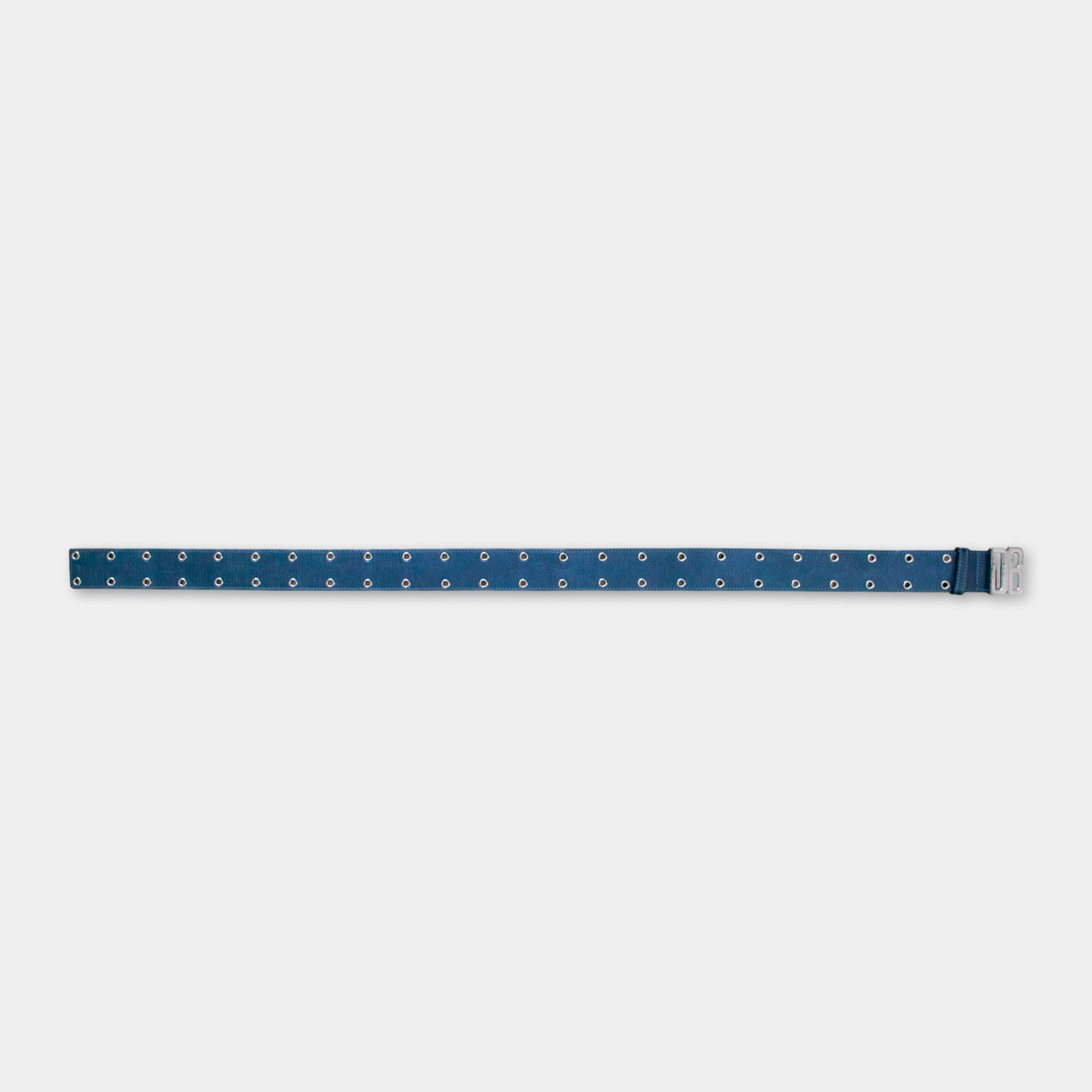 A blue belt with small circular holes is shown against a plain white background.