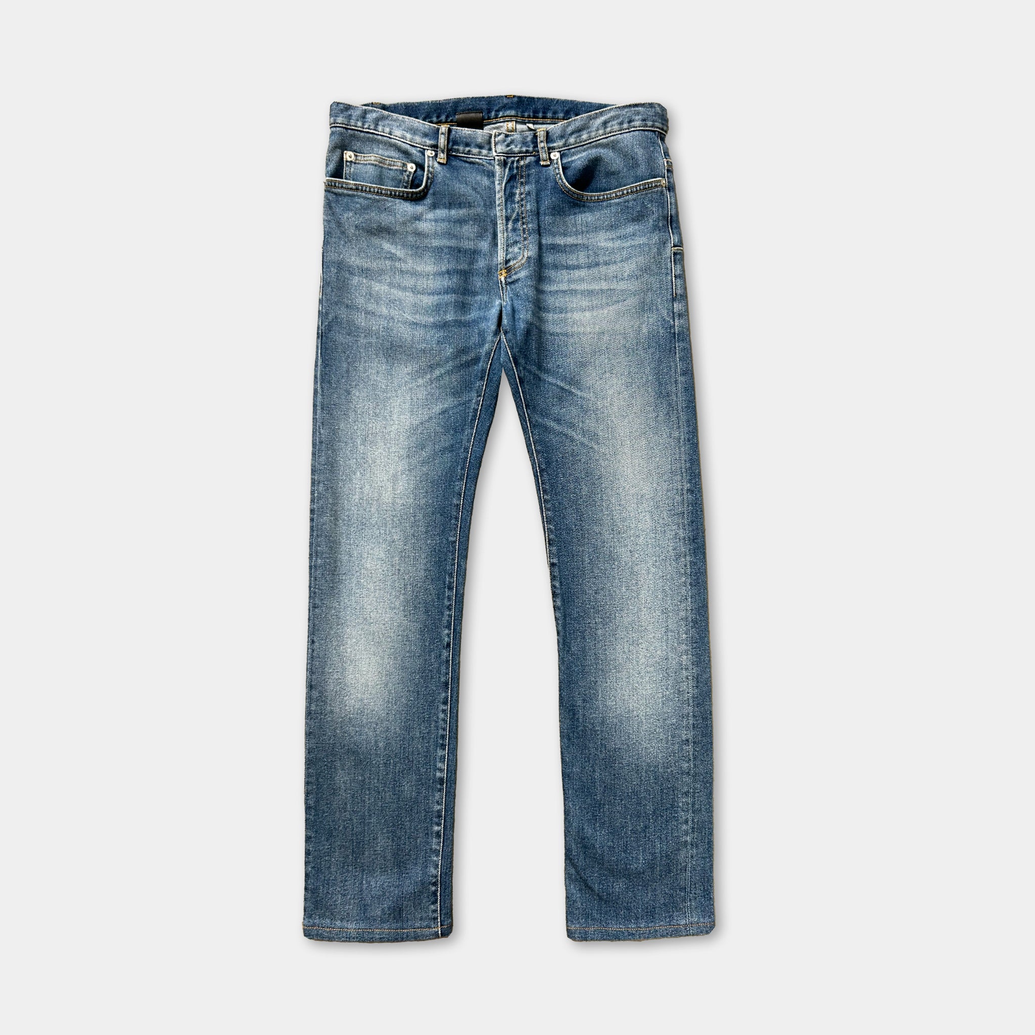 A pair of blue jeans with a classic straight leg design.