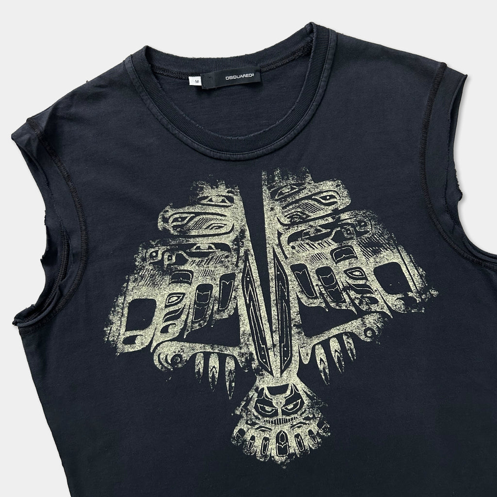A black sleeveless t-shirt with a white graphic design featuring a stylized bird or bird-like figure.