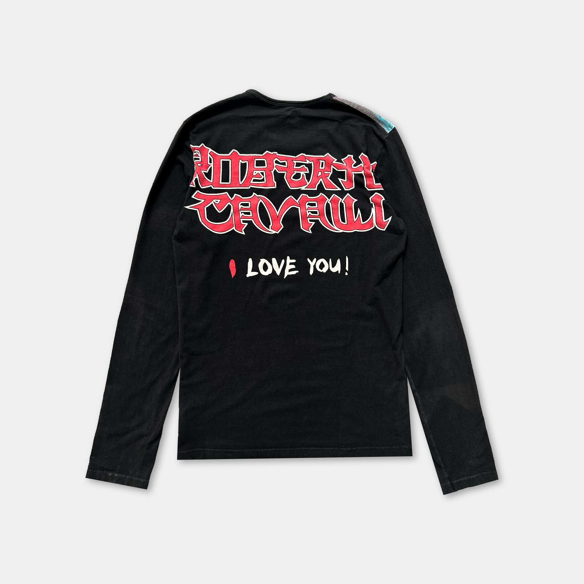 A black long-sleeved t-shirt with red and white text on the back.