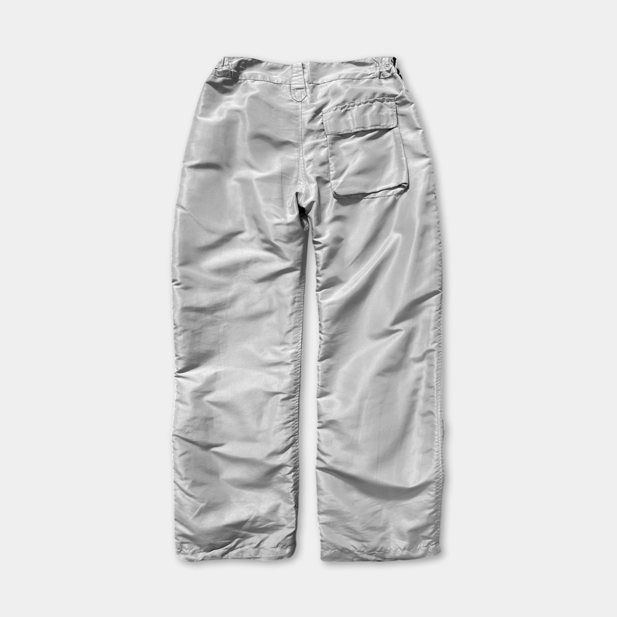 A pair of gray pants with a pocket on the back.