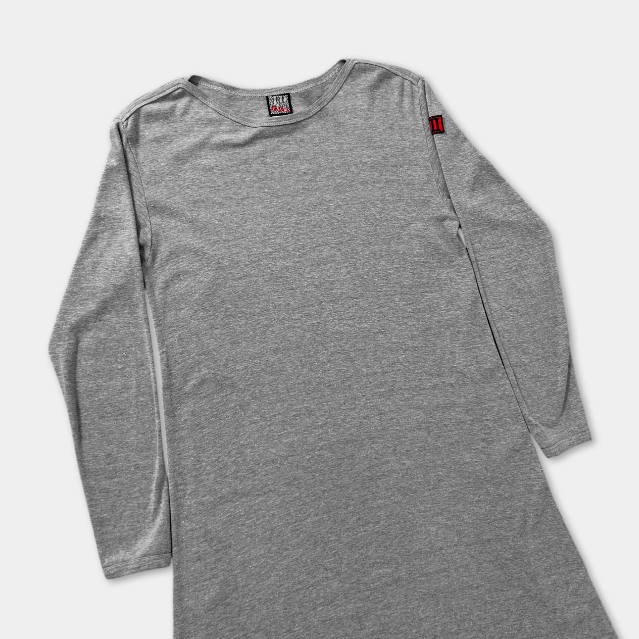 A gray long-sleeved dress with a red logo on the left sleeve.